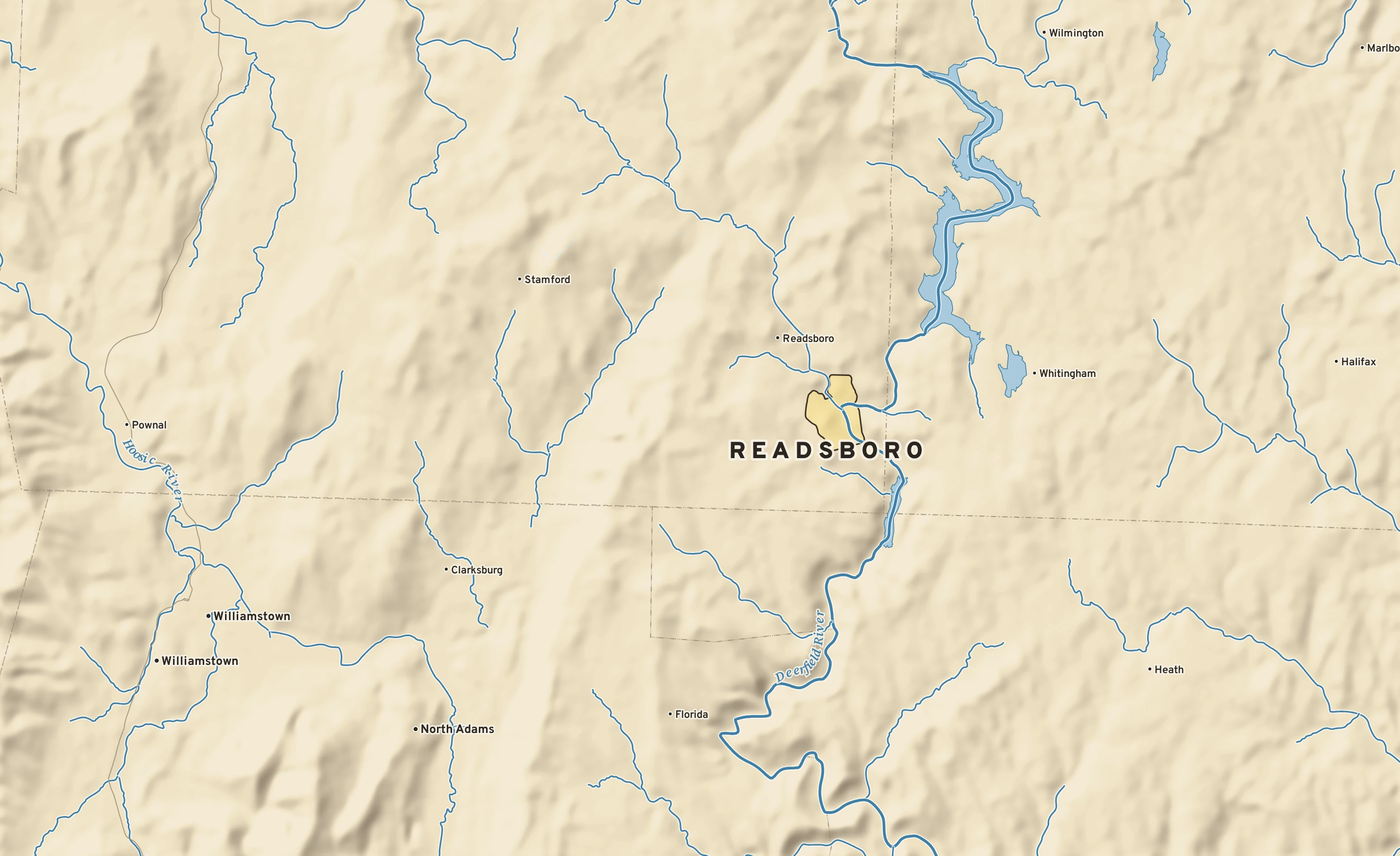 Shaded-relief atlas plate of Readsboro, Vermont: rivers, roads, the city limits and where the water drains.