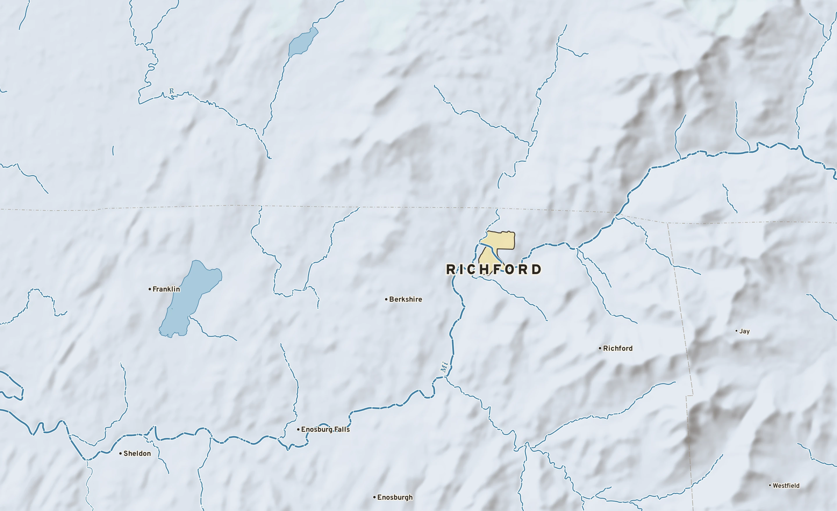 Shaded-relief atlas plate of Richford, Vermont: rivers, roads, the city limits and where the water drains.