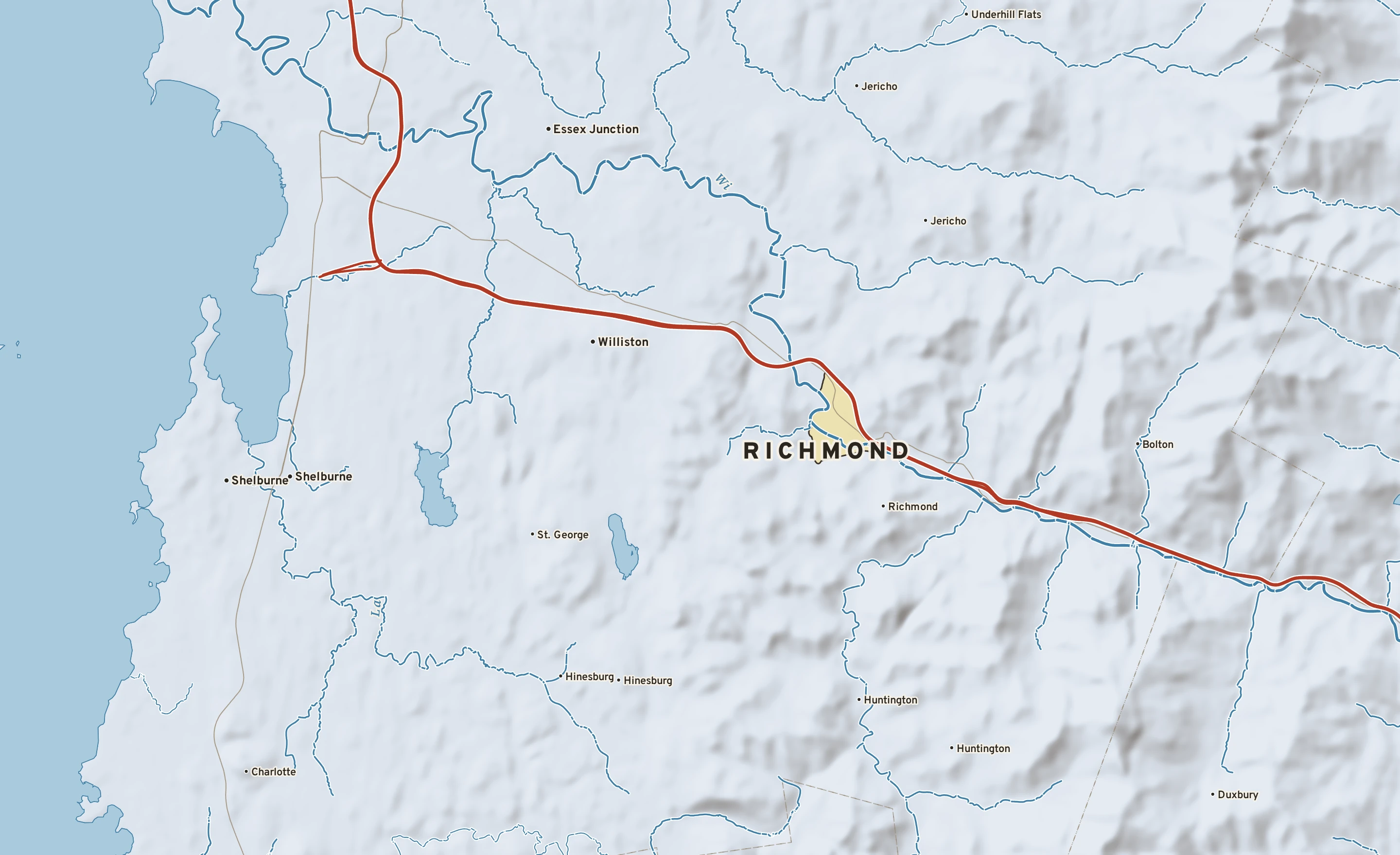 Shaded-relief atlas plate of Richmond, Vermont: rivers, roads, the city limits and where the water drains.