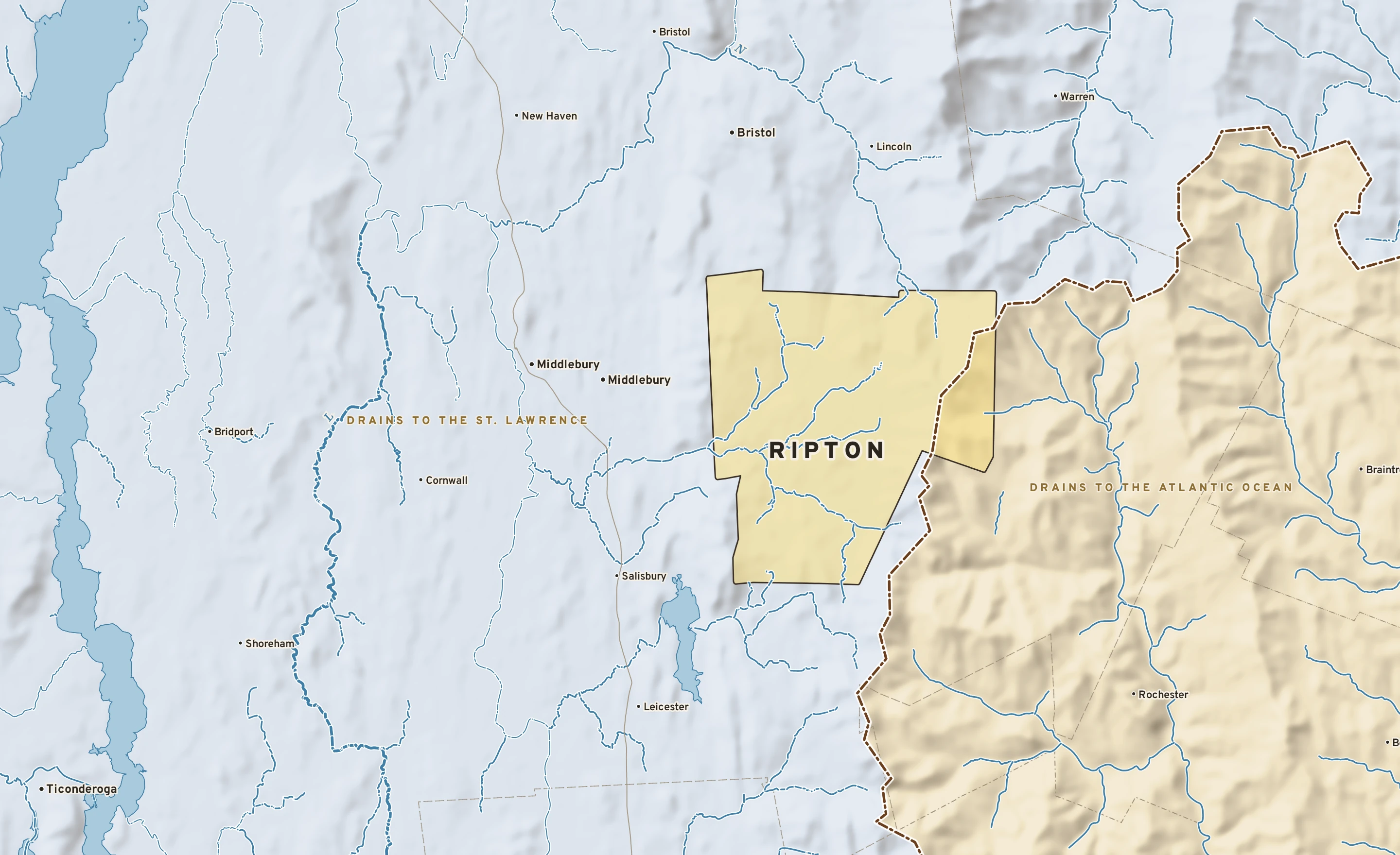 Shaded-relief atlas plate of Ripton, Vermont: rivers, roads, the city limits and where the water drains.