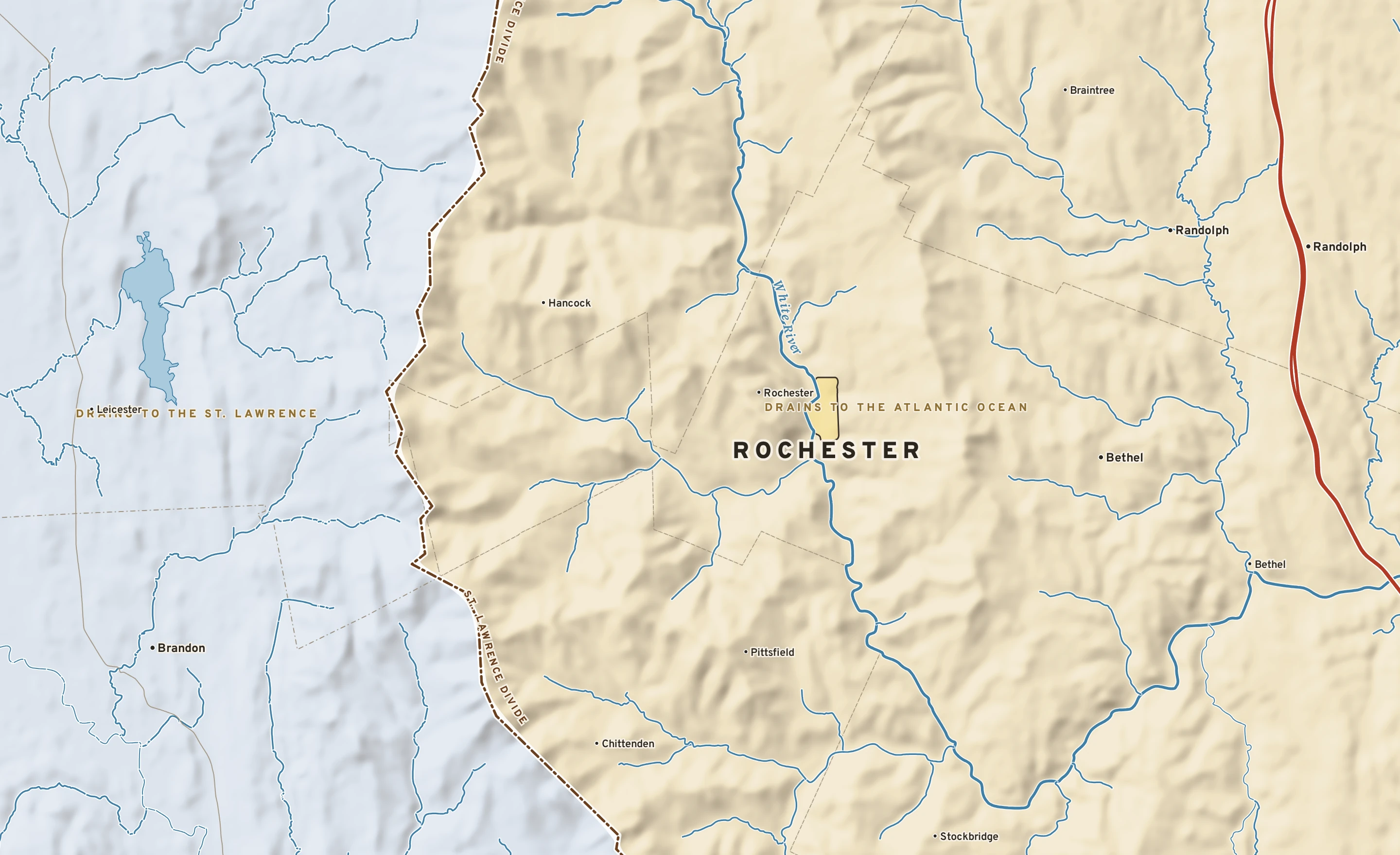 Shaded-relief atlas plate of Rochester, Vermont: rivers, roads, the city limits and where the water drains.