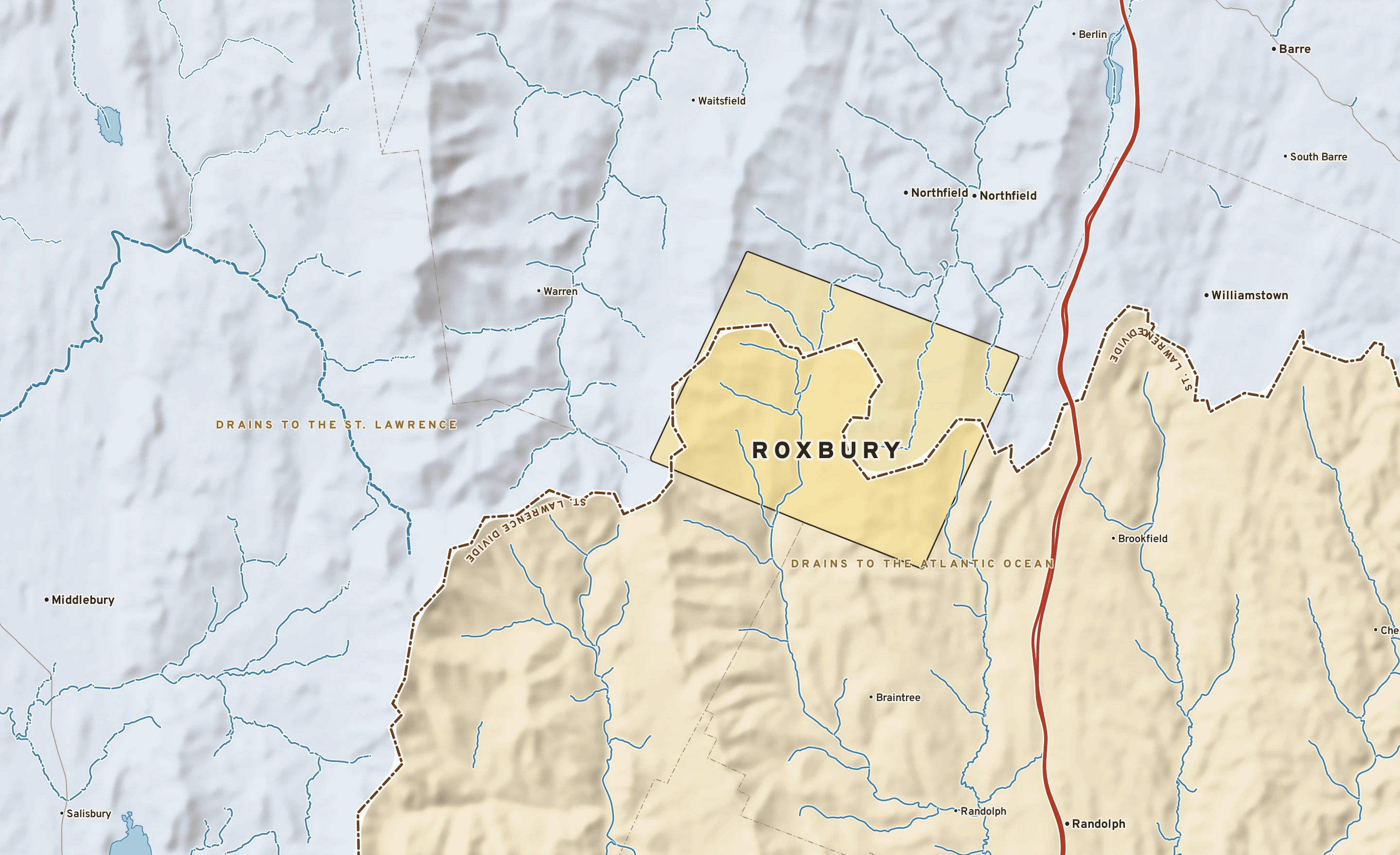 Shaded-relief atlas plate of Roxbury, Vermont: rivers, roads, the city limits and where the water drains.