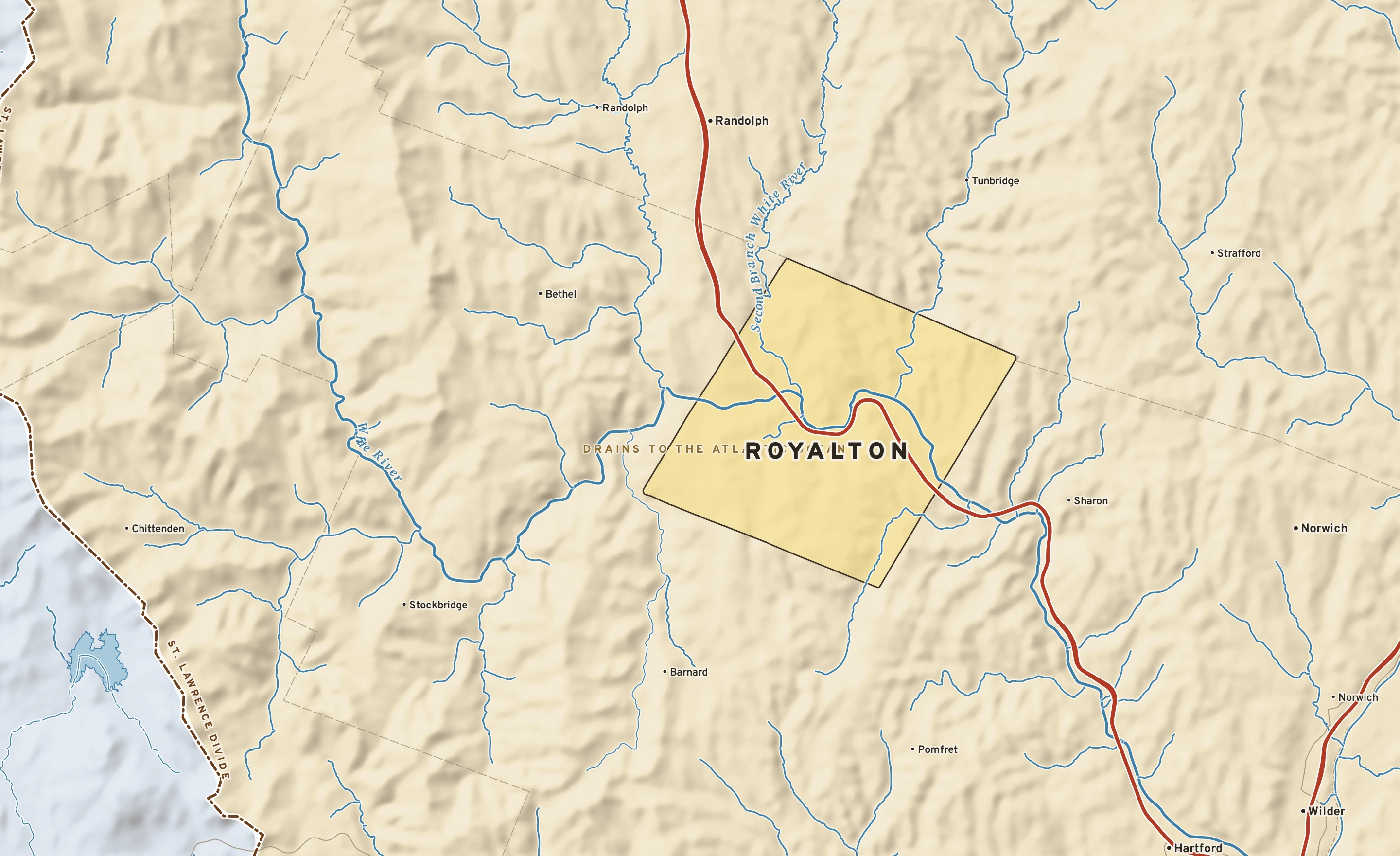 Shaded-relief atlas plate of Royalton, Vermont: rivers, roads, the city limits and where the water drains.