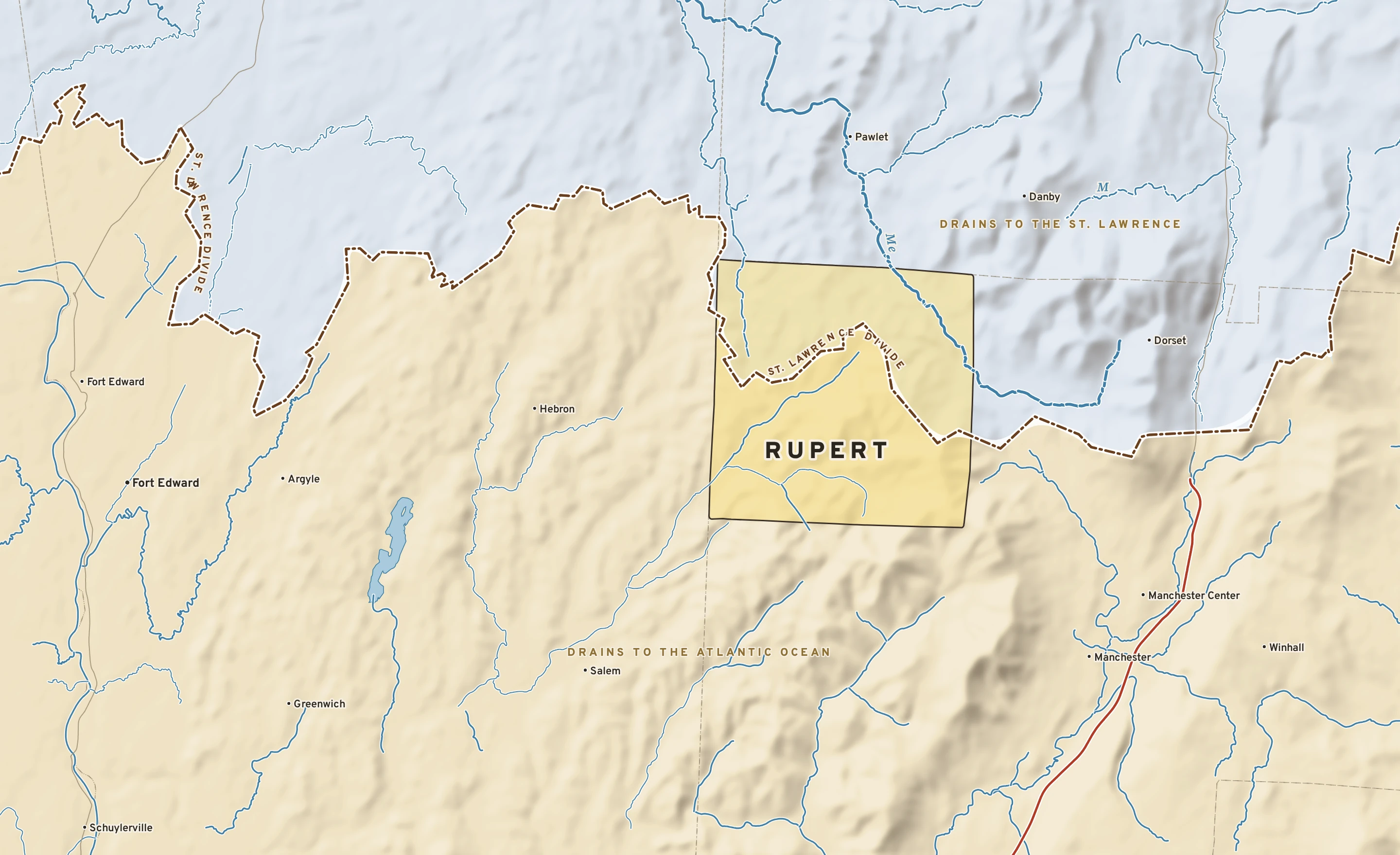 Shaded-relief atlas plate of Rupert, Vermont: rivers, roads, the city limits and where the water drains.