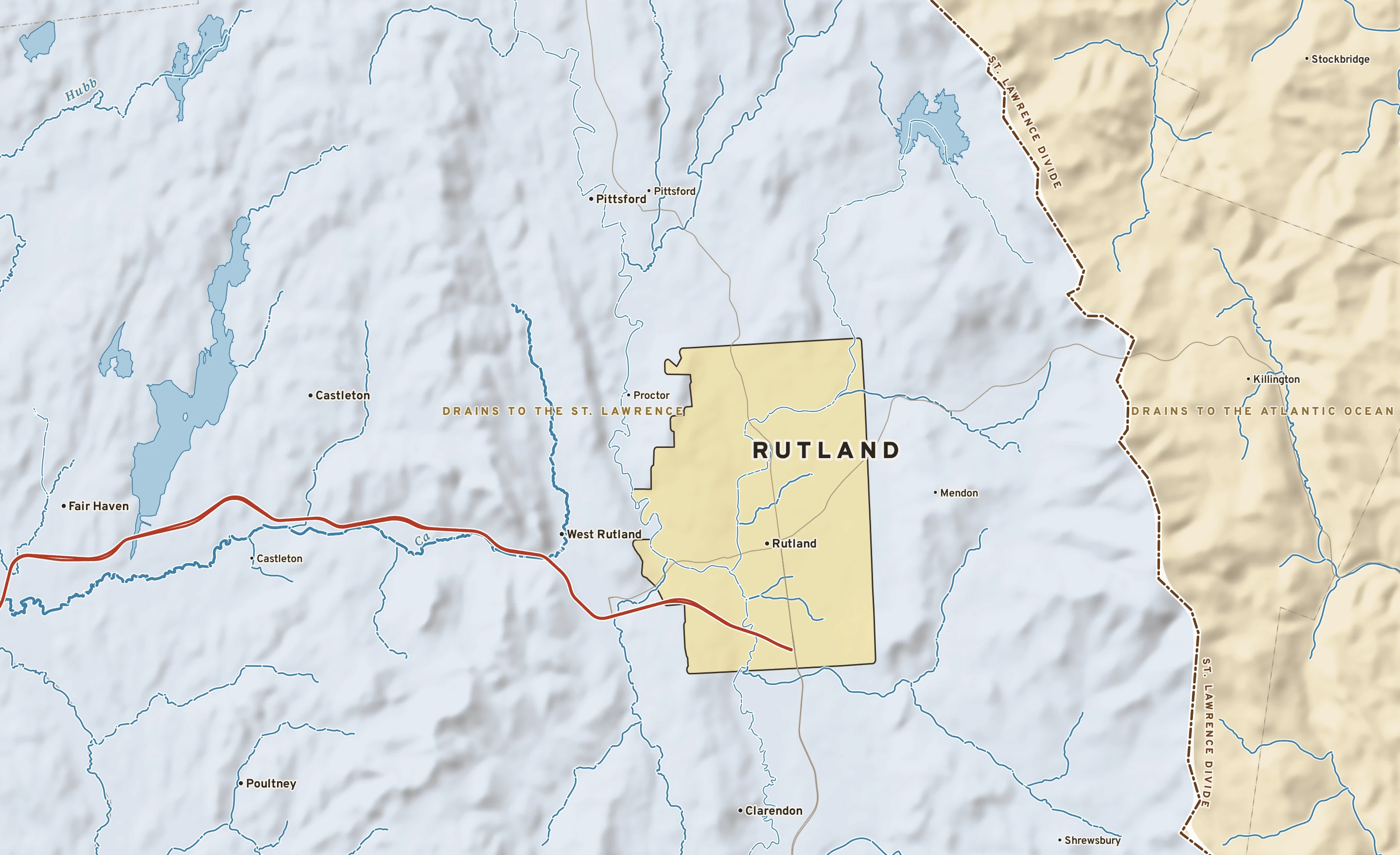 Shaded-relief atlas plate of Rutland, Vermont: rivers, roads, the city limits and where the water drains.