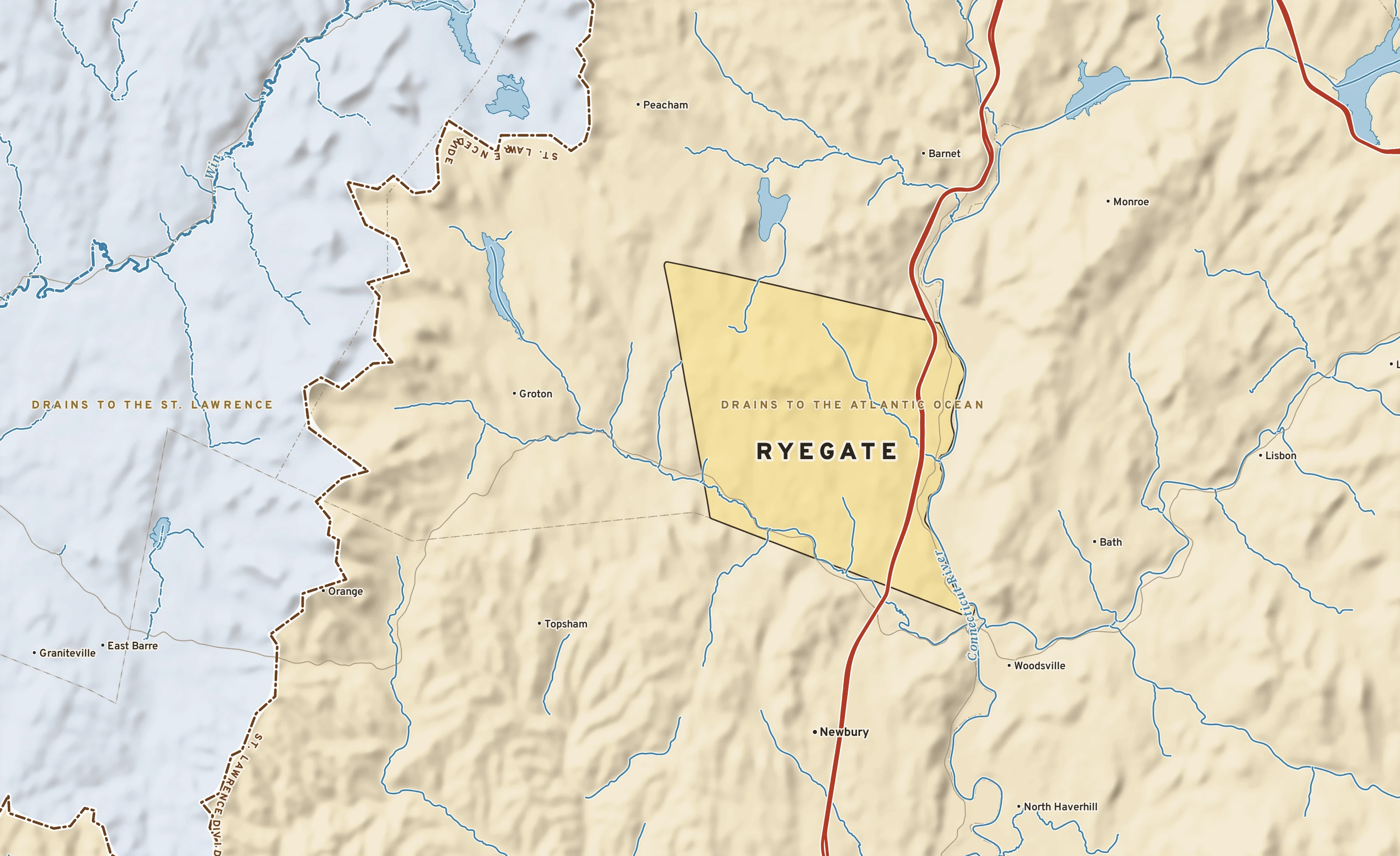 Shaded-relief atlas plate of Ryegate, Vermont: rivers, roads, the city limits and where the water drains.