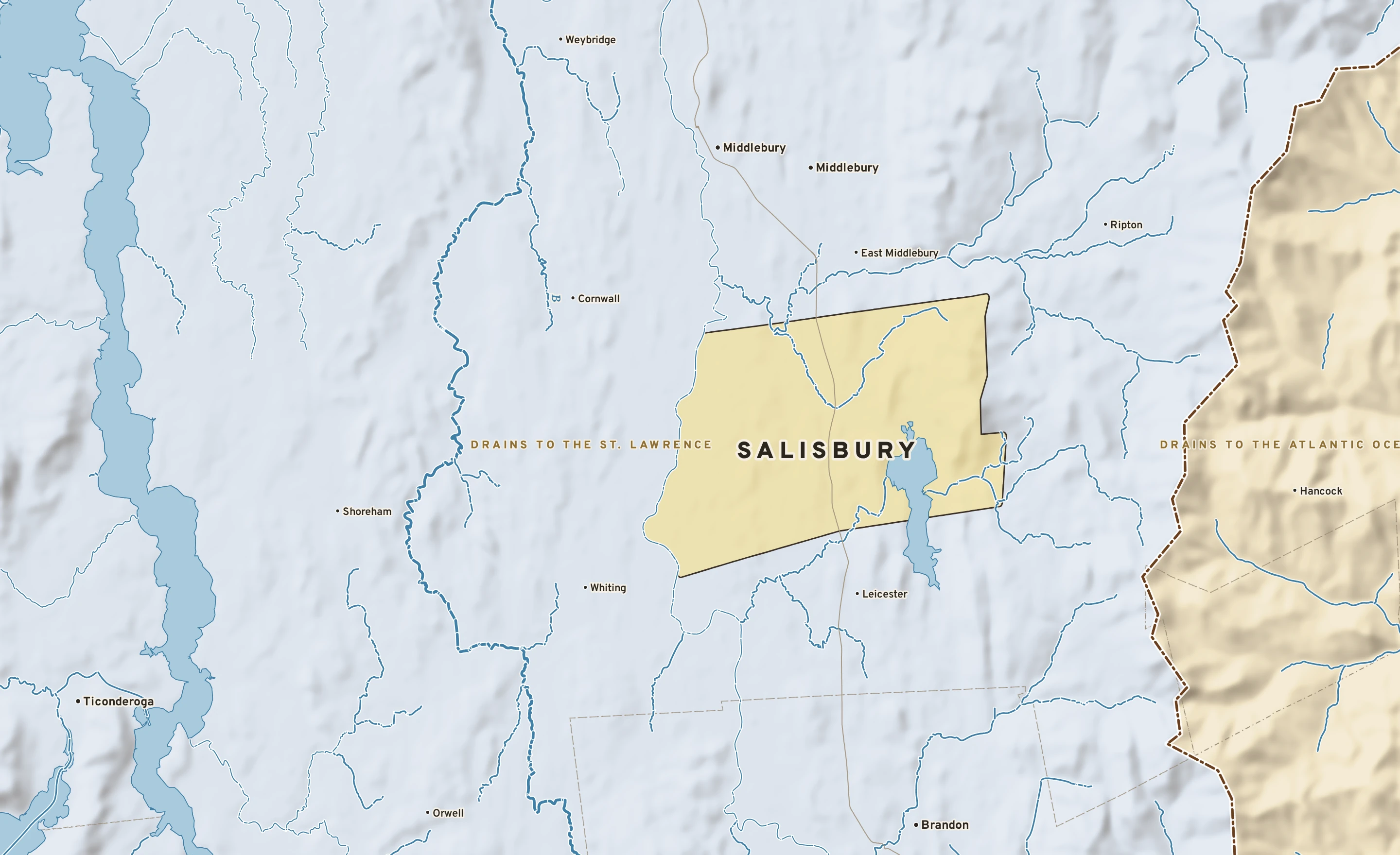 Shaded-relief atlas plate of Salisbury, Vermont: rivers, roads, the city limits and where the water drains.