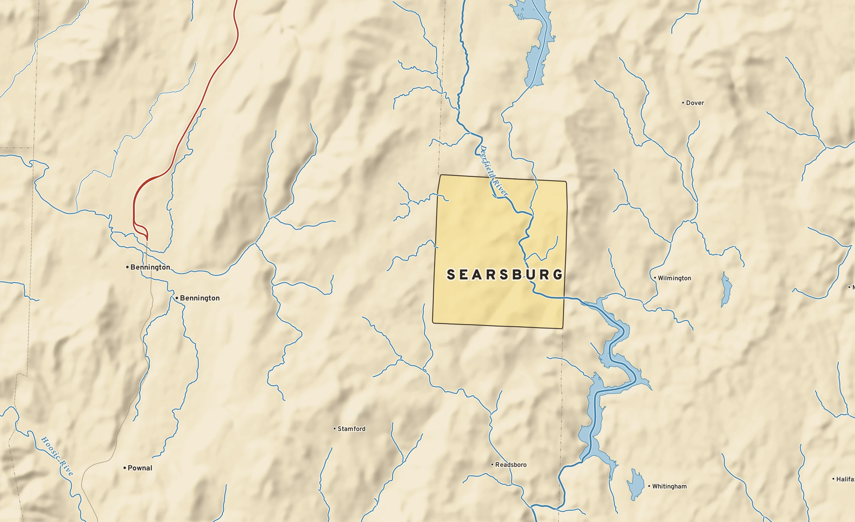 Shaded-relief atlas plate of Searsburg, Vermont: rivers, roads, the city limits and where the water drains.