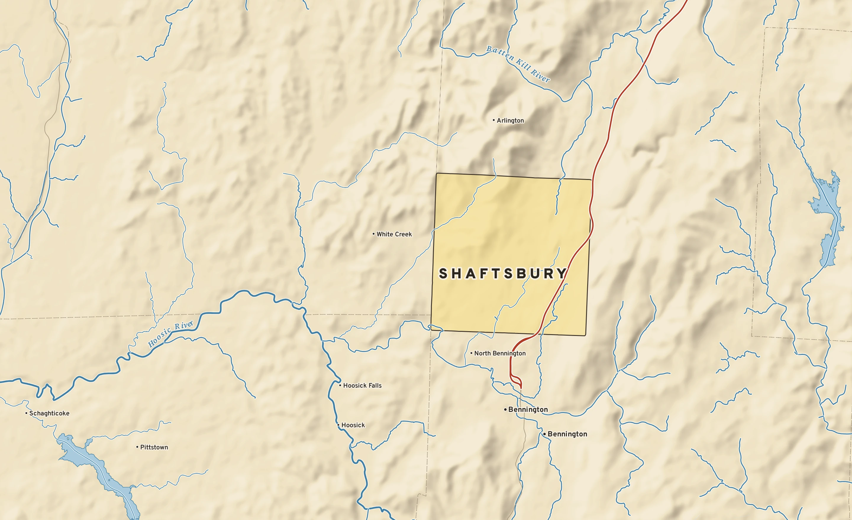 Shaded-relief atlas plate of Shaftsbury, Vermont: rivers, roads, the city limits and where the water drains.