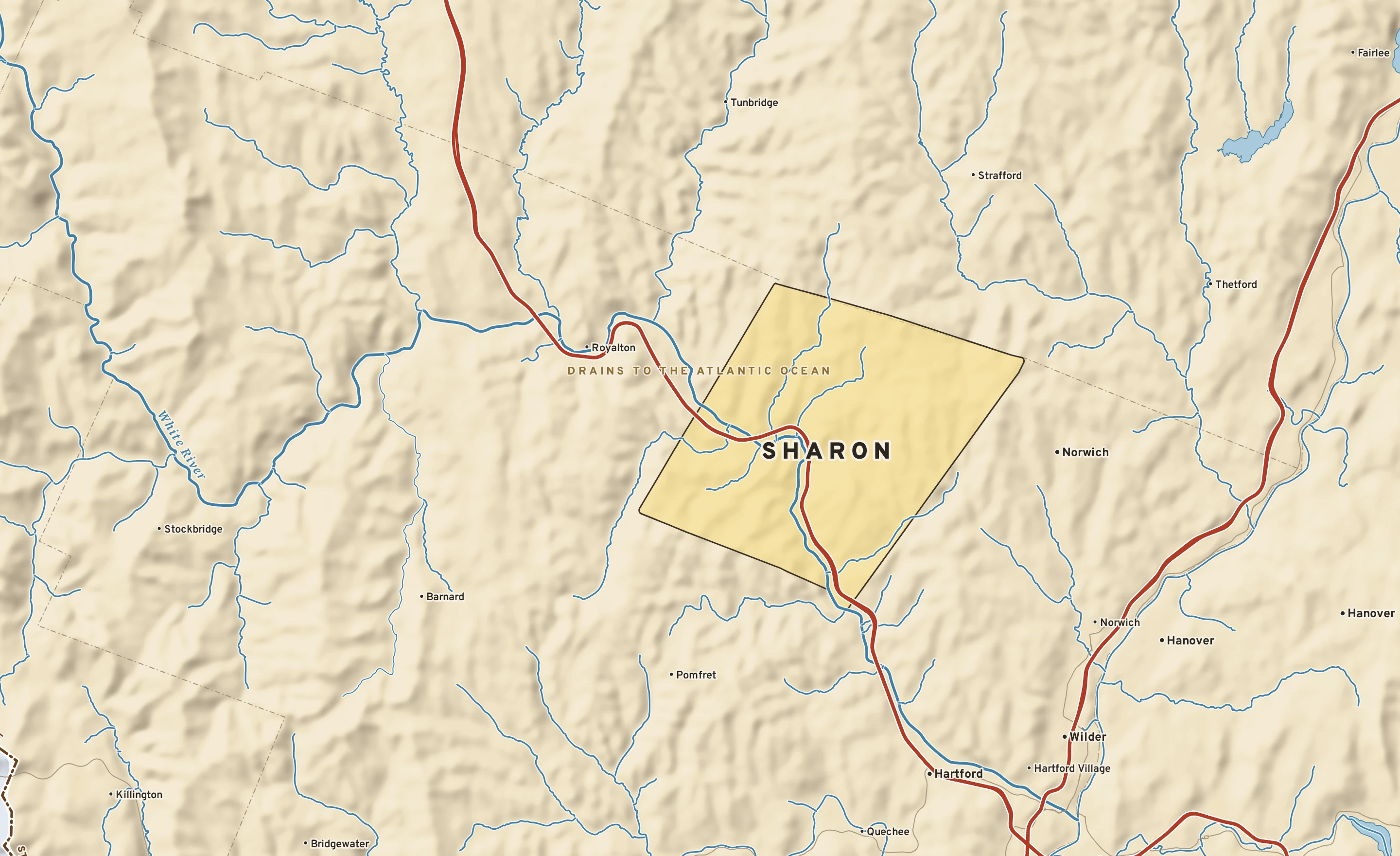 Shaded-relief atlas plate of Sharon, Vermont: rivers, roads, the city limits and where the water drains.