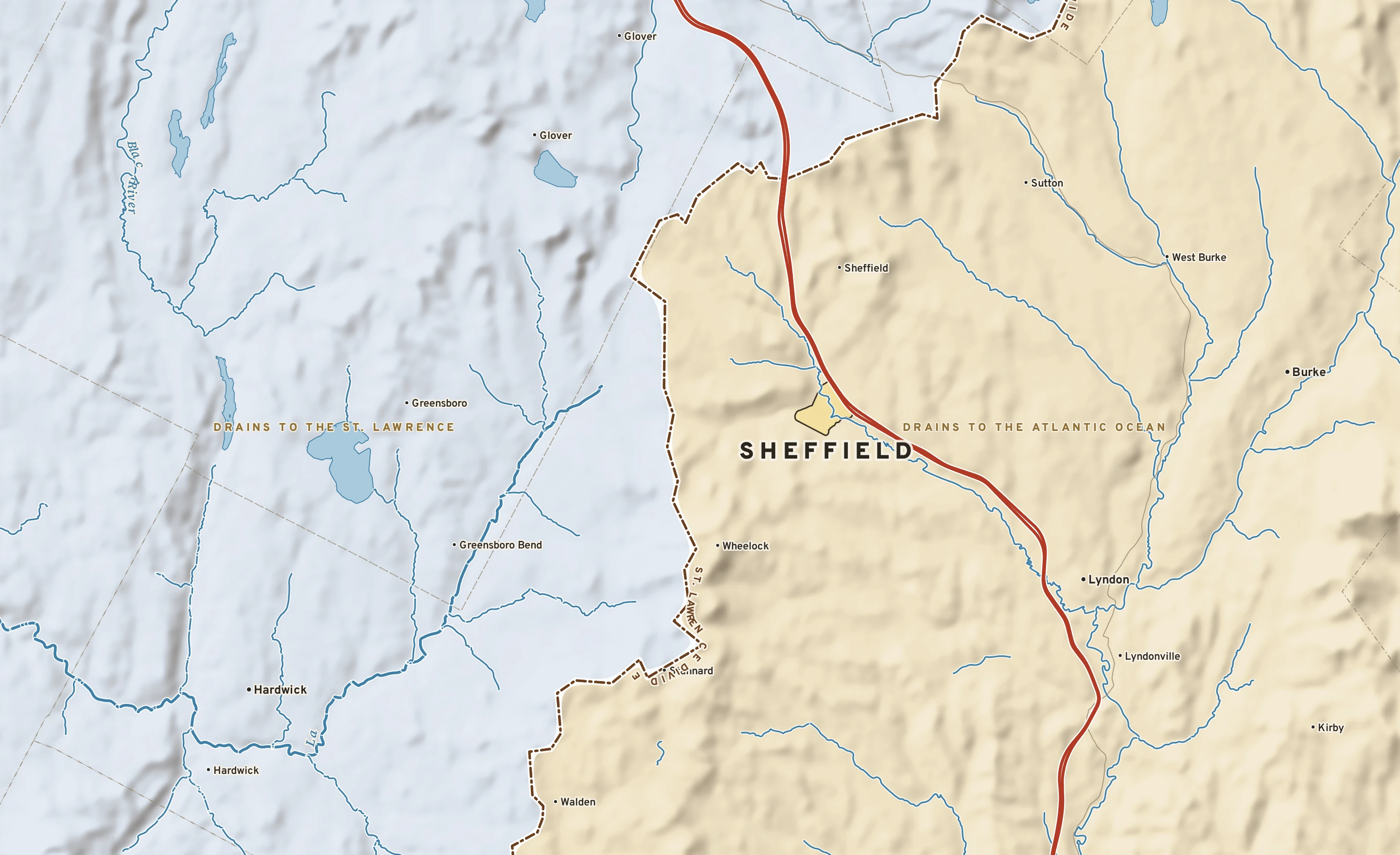 Shaded-relief atlas plate of Sheffield, Vermont: rivers, roads, the city limits and where the water drains.