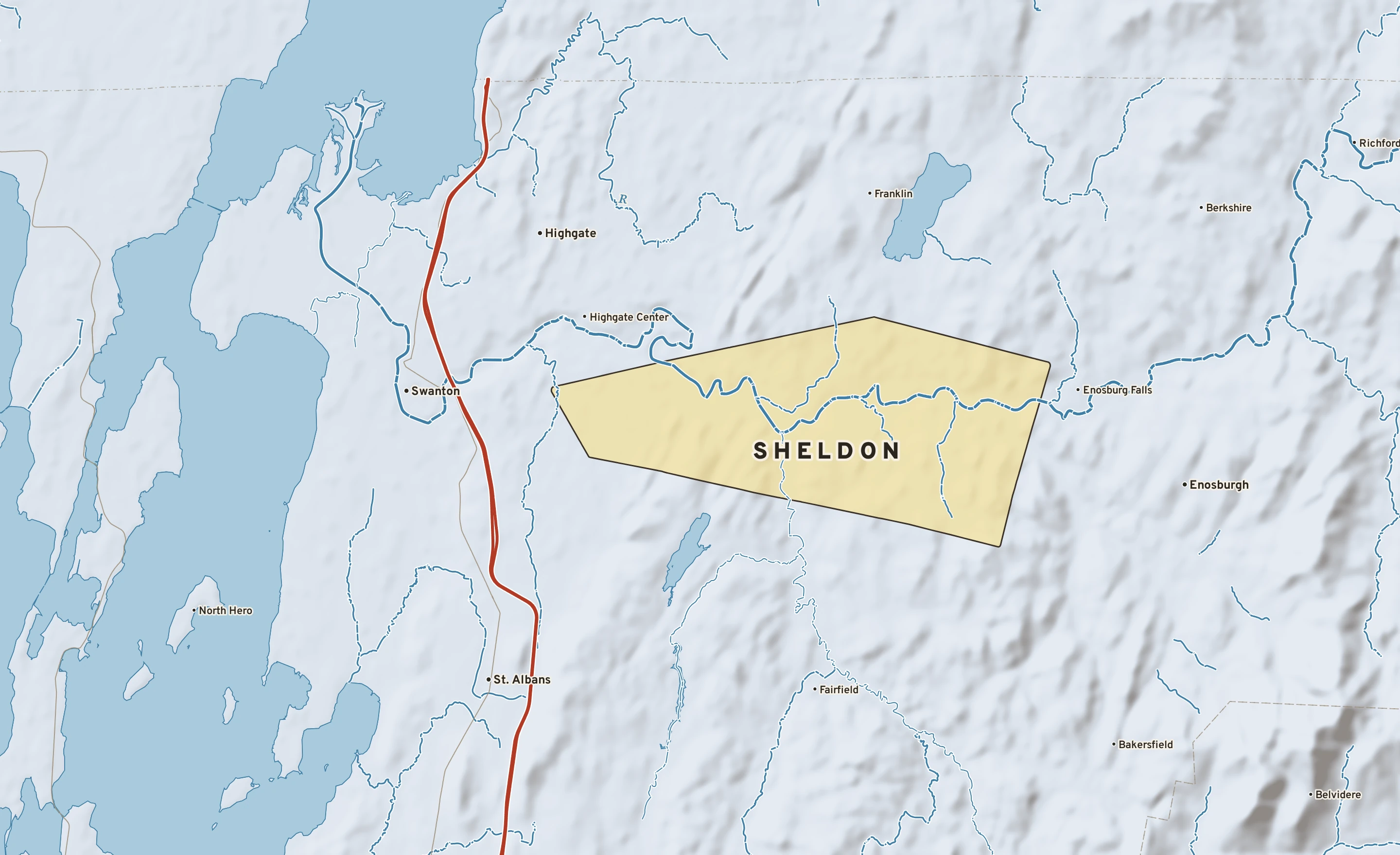 Shaded-relief atlas plate of Sheldon, Vermont: rivers, roads, the city limits and where the water drains.