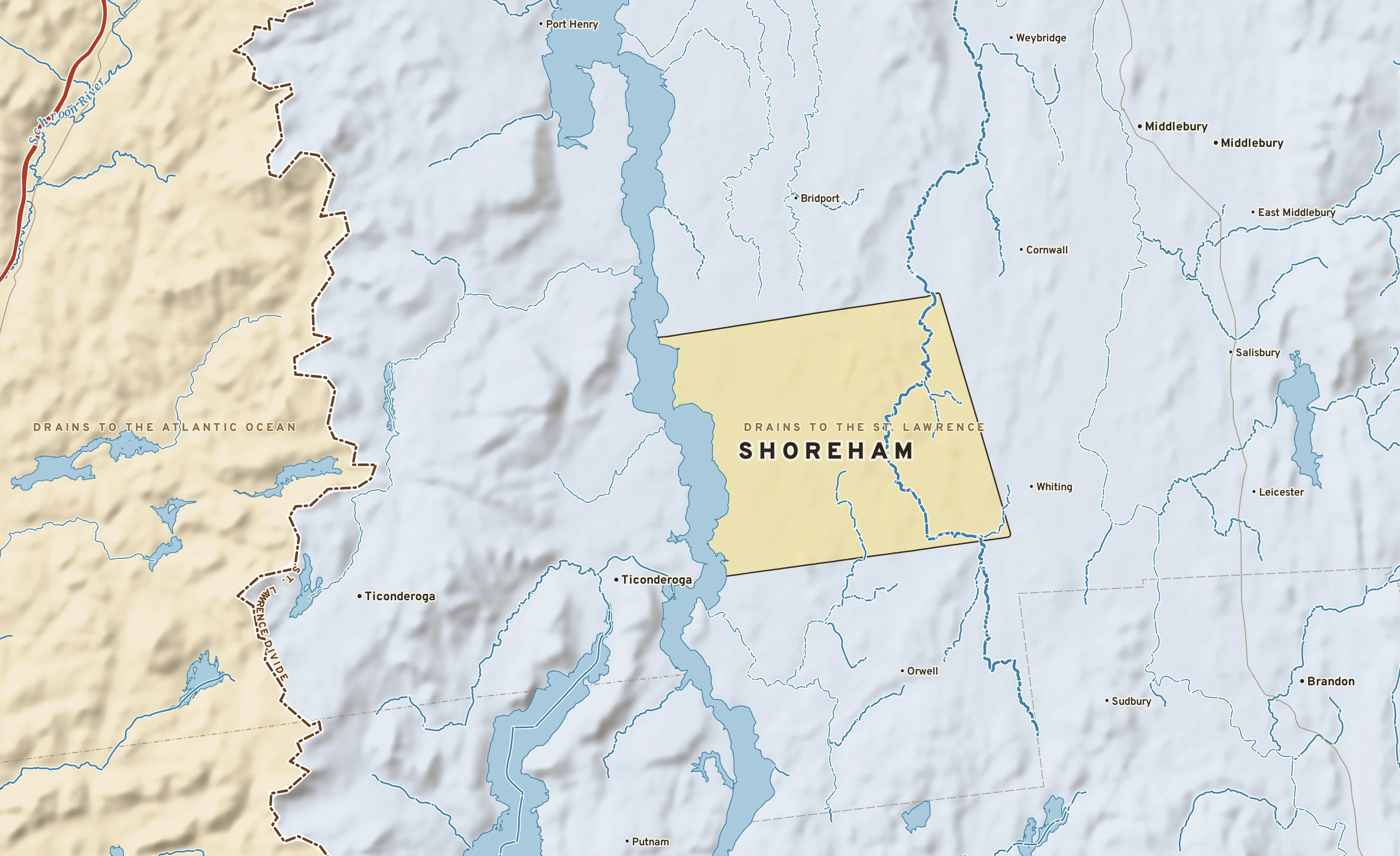 Shaded-relief atlas plate of Shoreham, Vermont: rivers, roads, the city limits and where the water drains.