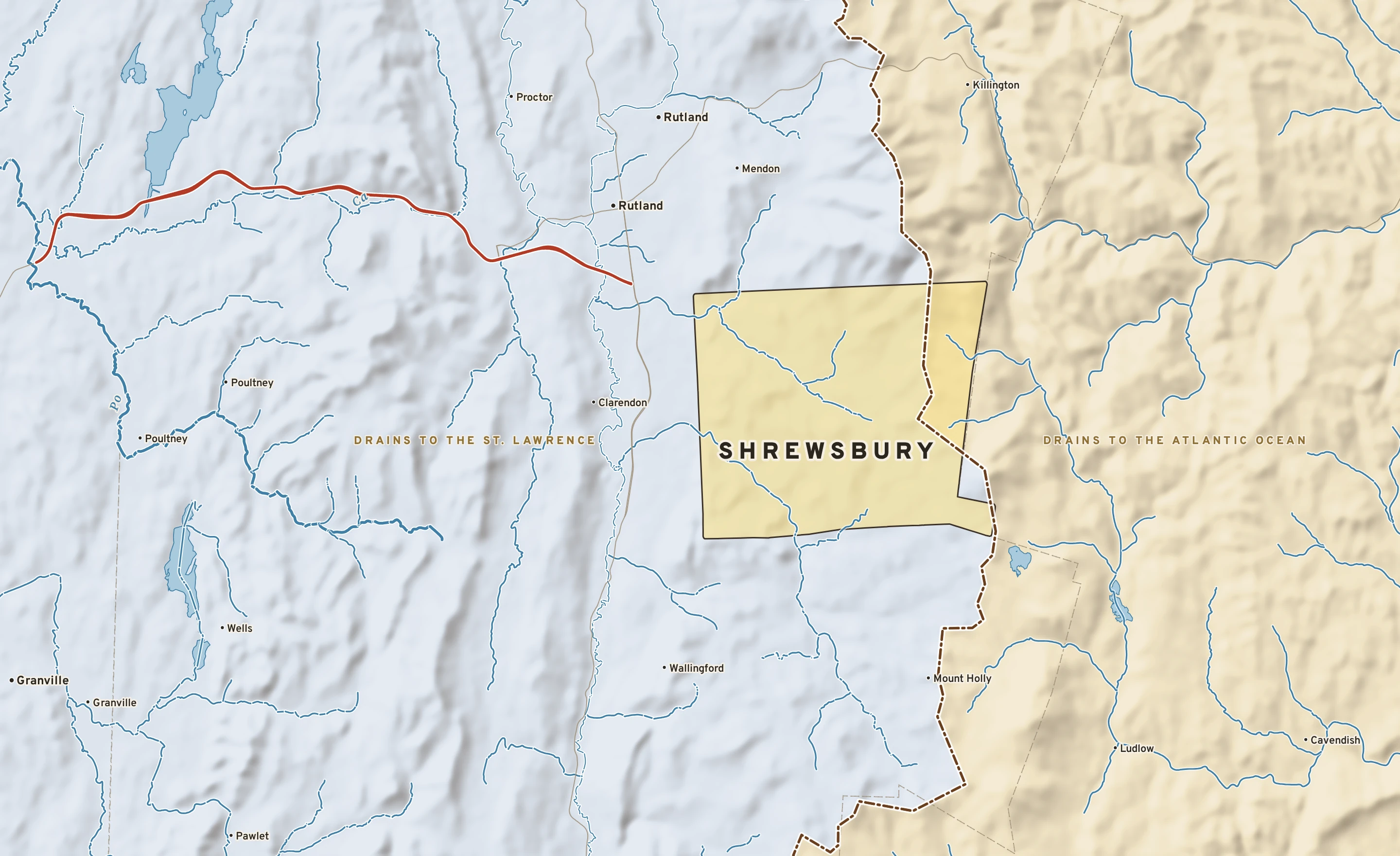 Shaded-relief atlas plate of Shrewsbury, Vermont: rivers, roads, the city limits and where the water drains.