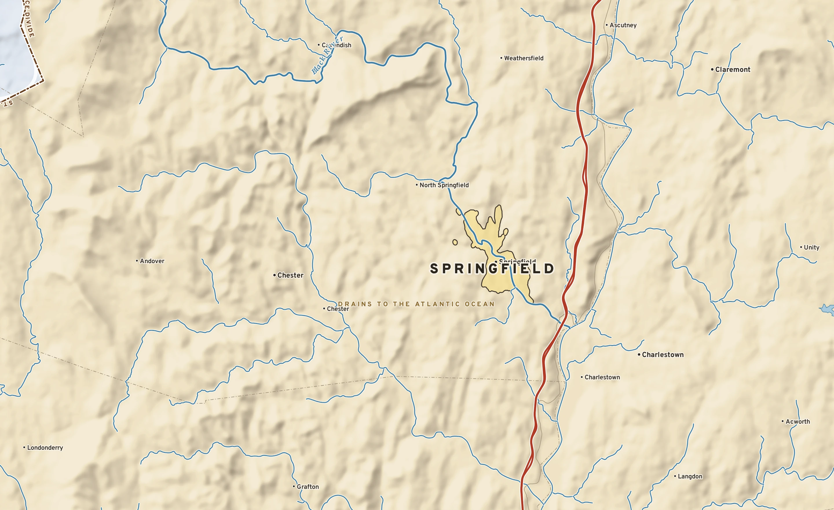 Shaded-relief atlas plate of Springfield, Vermont: rivers, roads, the city limits and where the water drains.