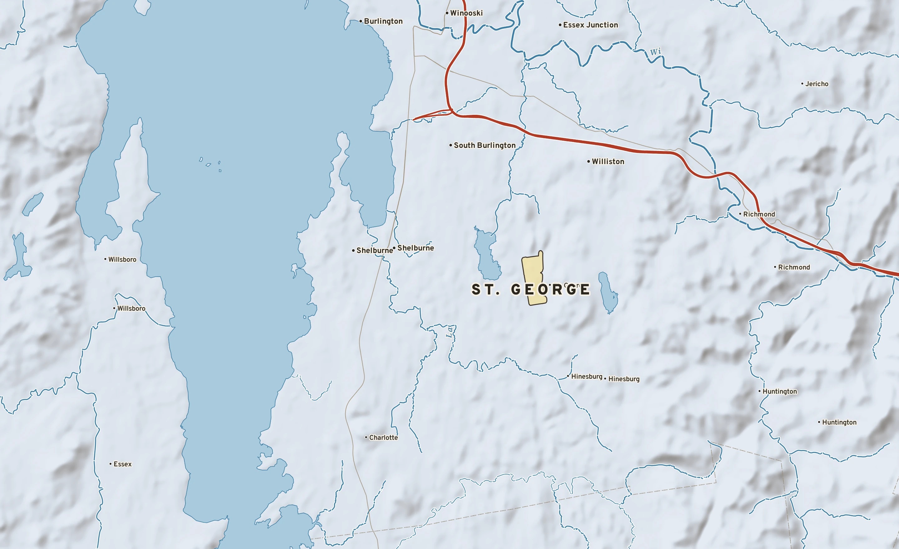 Shaded-relief atlas plate of St. George, Vermont: rivers, roads, the city limits and where the water drains.