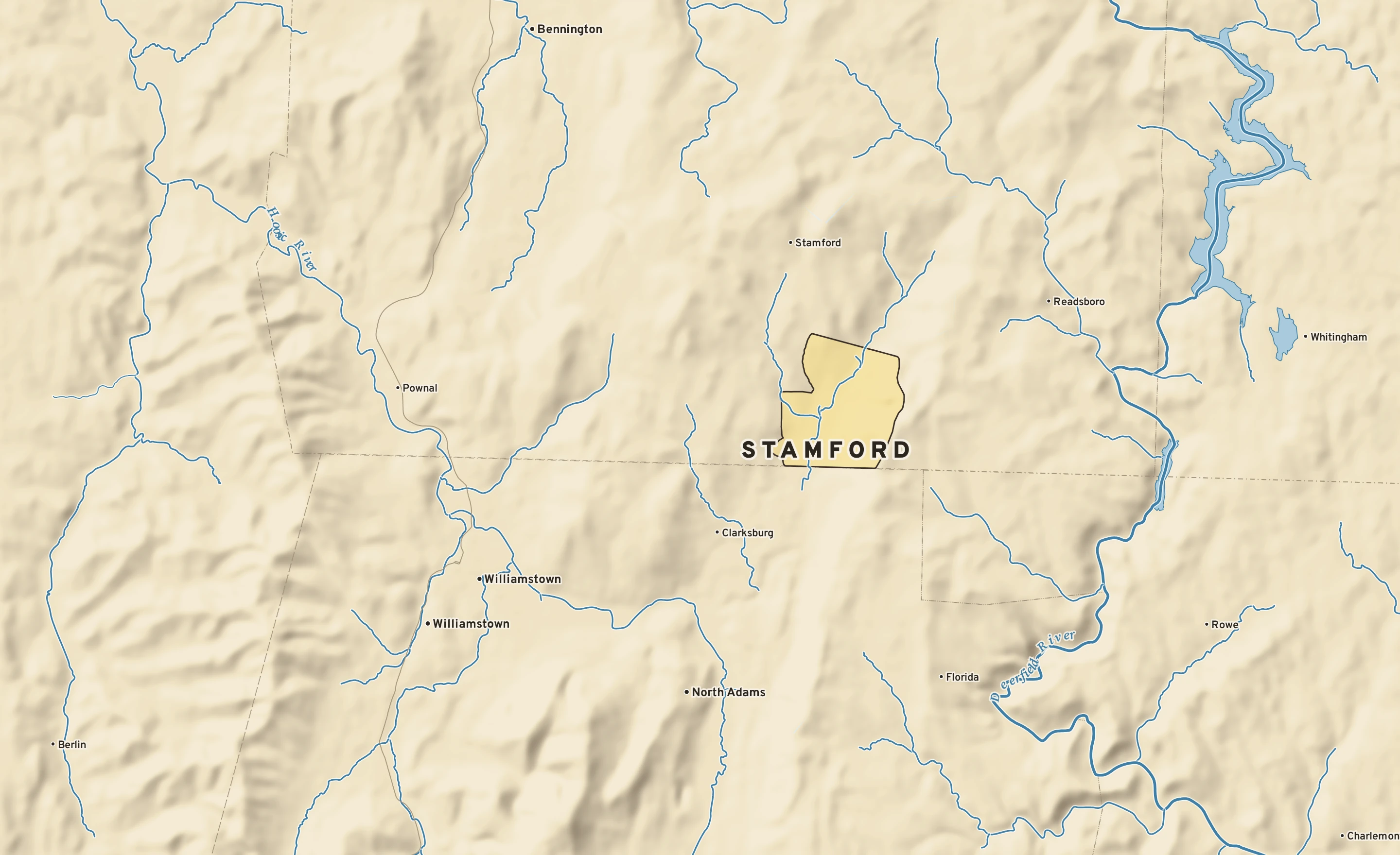 Shaded-relief atlas plate of Stamford, Vermont: rivers, roads, the city limits and where the water drains.