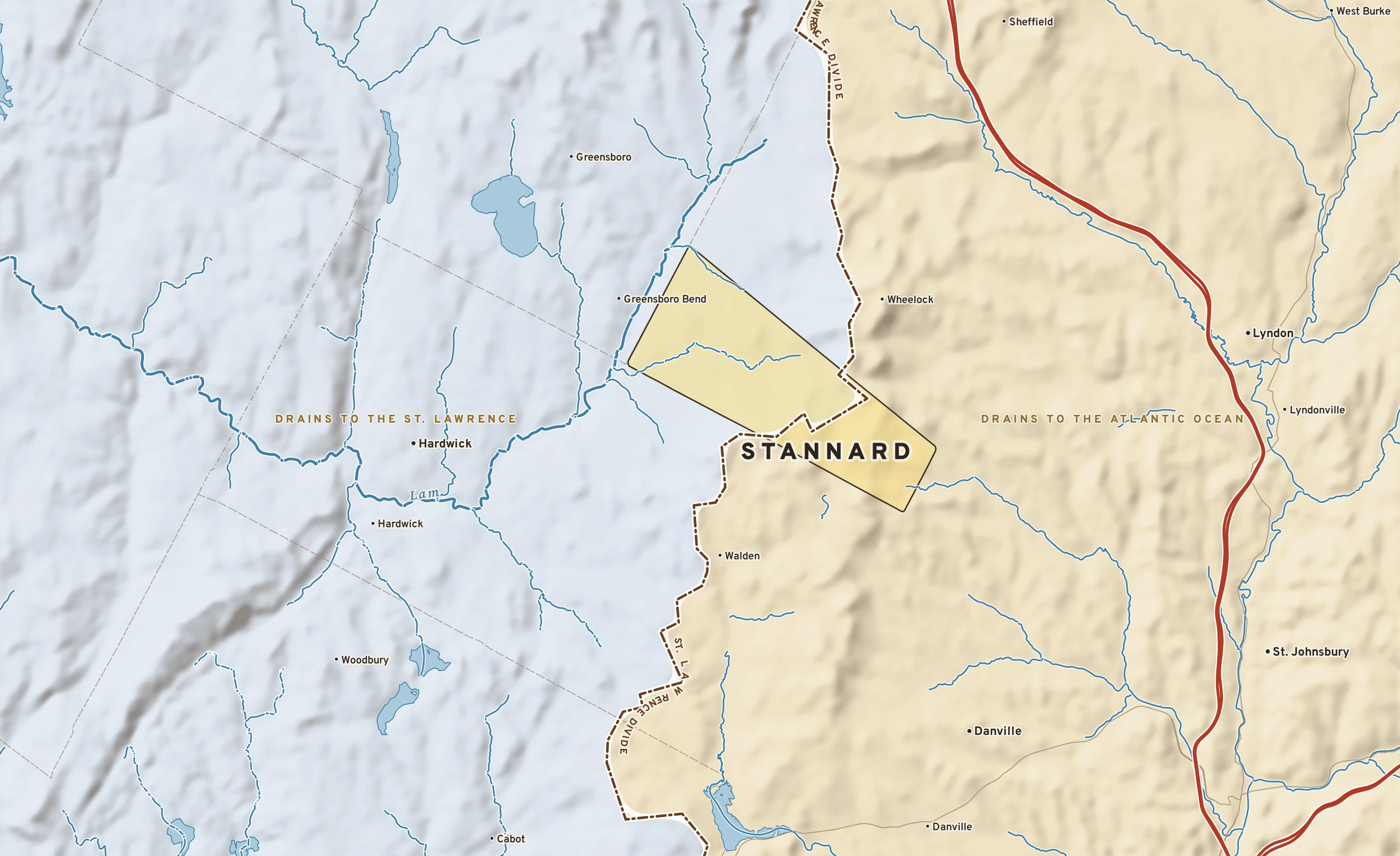 Shaded-relief atlas plate of Stannard, Vermont: rivers, roads, the city limits and where the water drains.