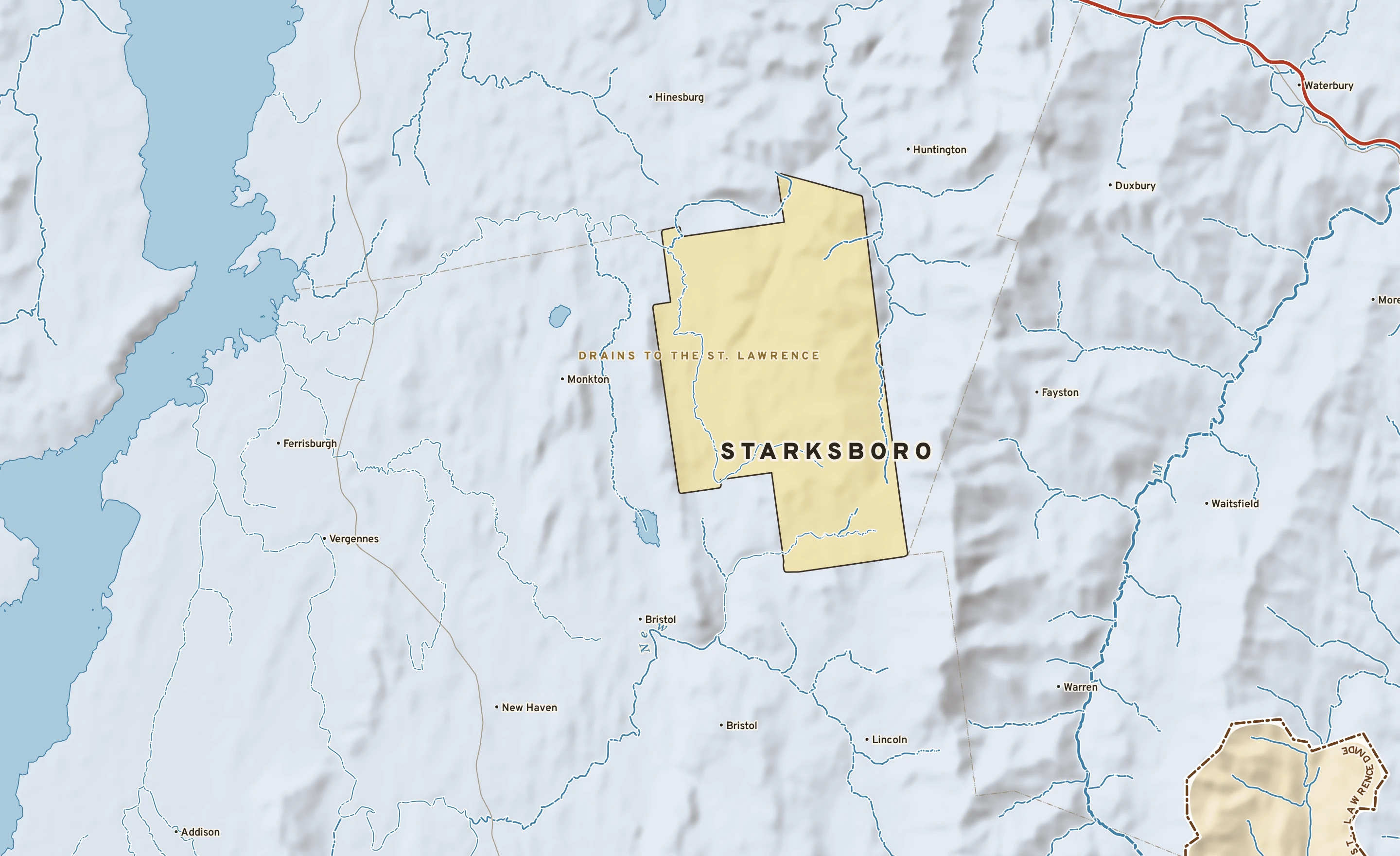 Shaded-relief atlas plate of Starksboro, Vermont: rivers, roads, the city limits and where the water drains.