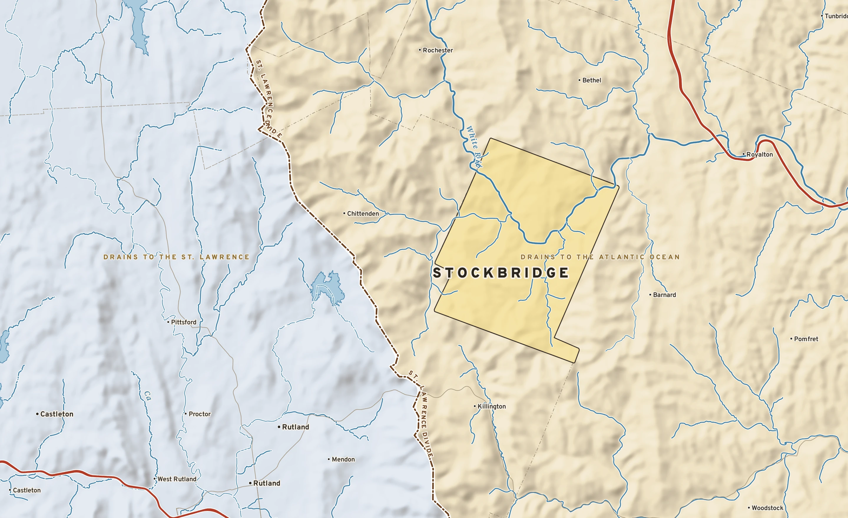 Shaded-relief atlas plate of Stockbridge, Vermont: rivers, roads, the city limits and where the water drains.