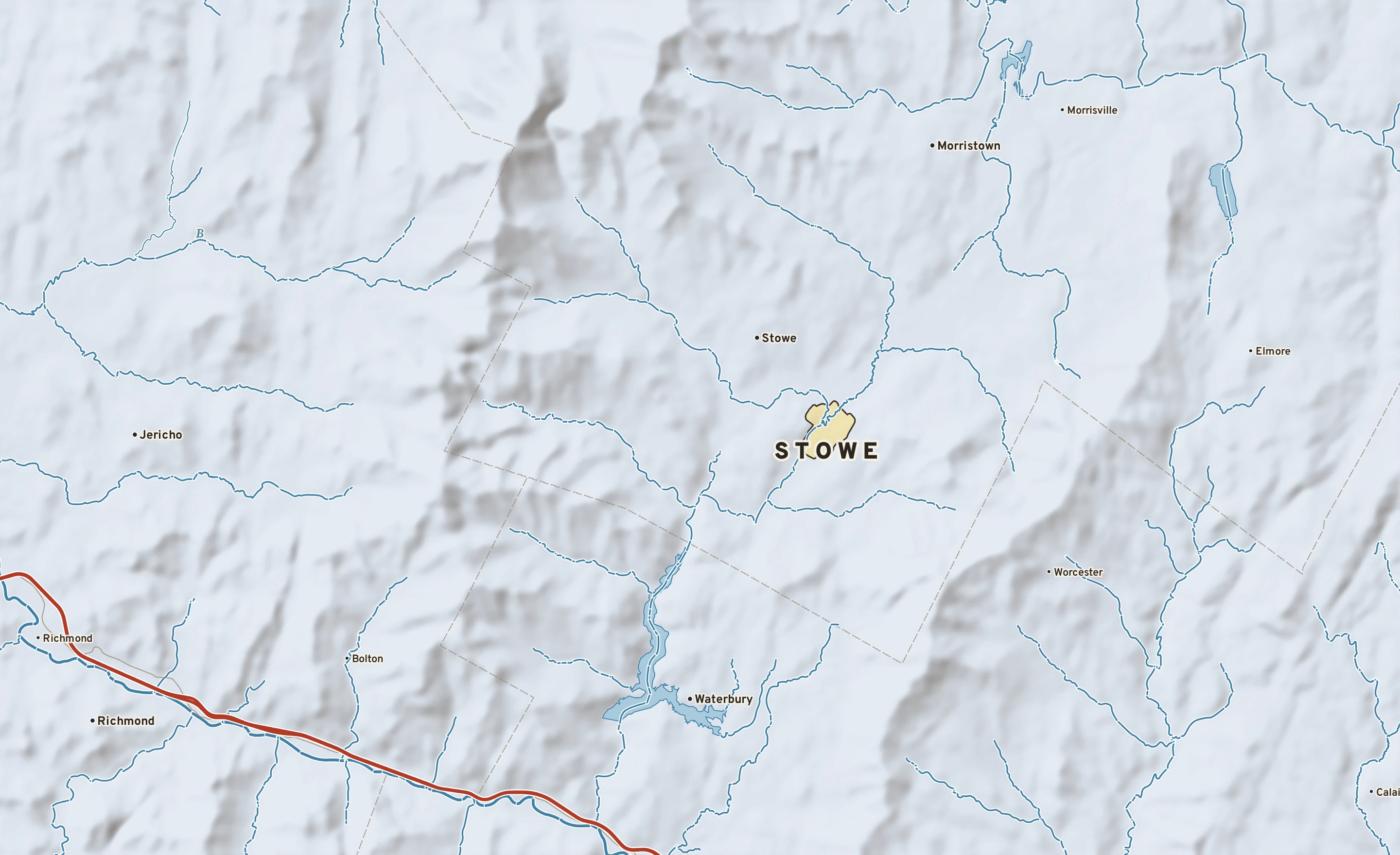 Shaded-relief atlas plate of Stowe, Vermont: rivers, roads, the city limits and where the water drains.