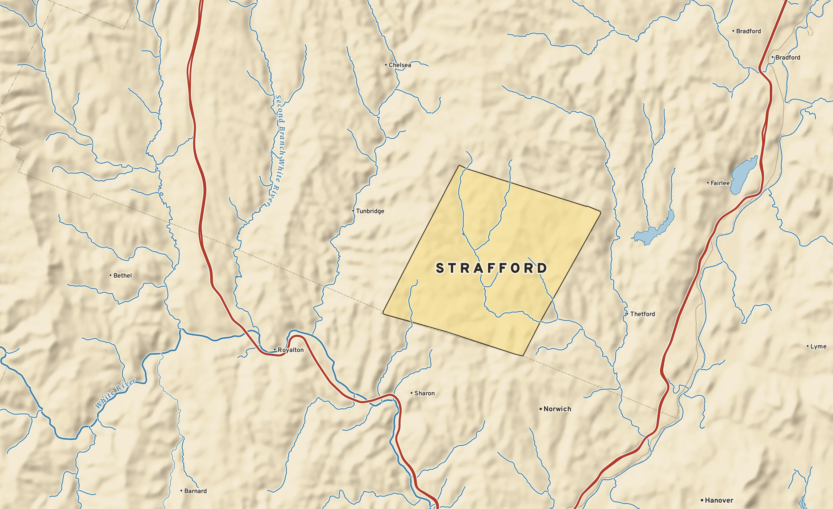Shaded-relief atlas plate of Strafford, Vermont: rivers, roads, the city limits and where the water drains.