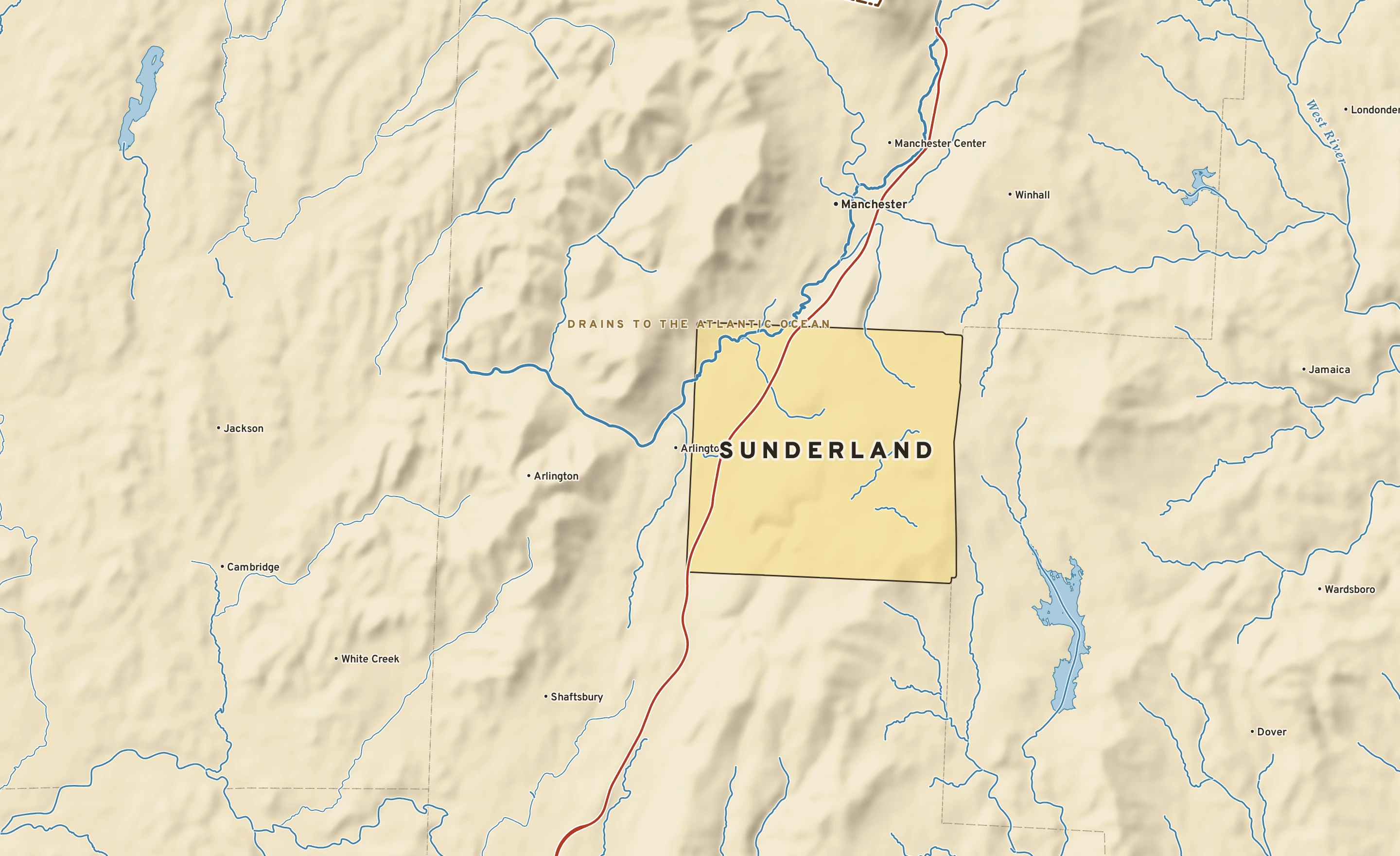 Shaded-relief atlas plate of Sunderland, Vermont: rivers, roads, the city limits and where the water drains.
