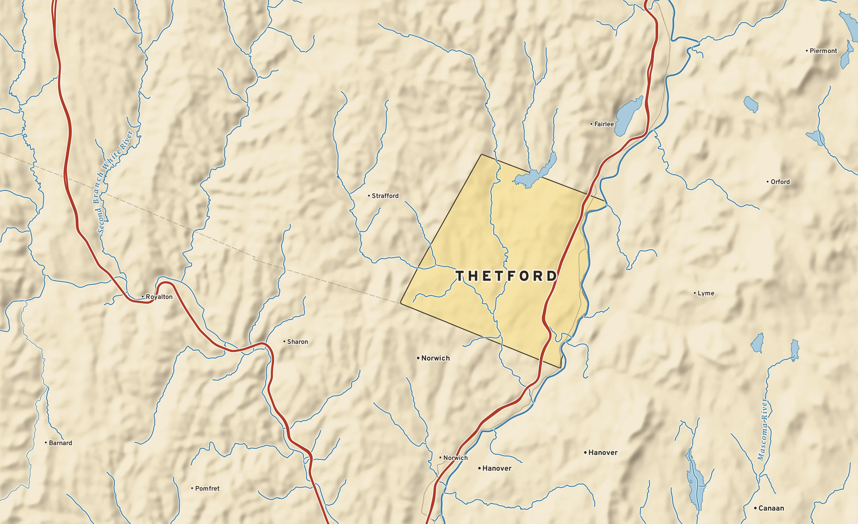 Shaded-relief atlas plate of Thetford, Vermont: rivers, roads, the city limits and where the water drains.