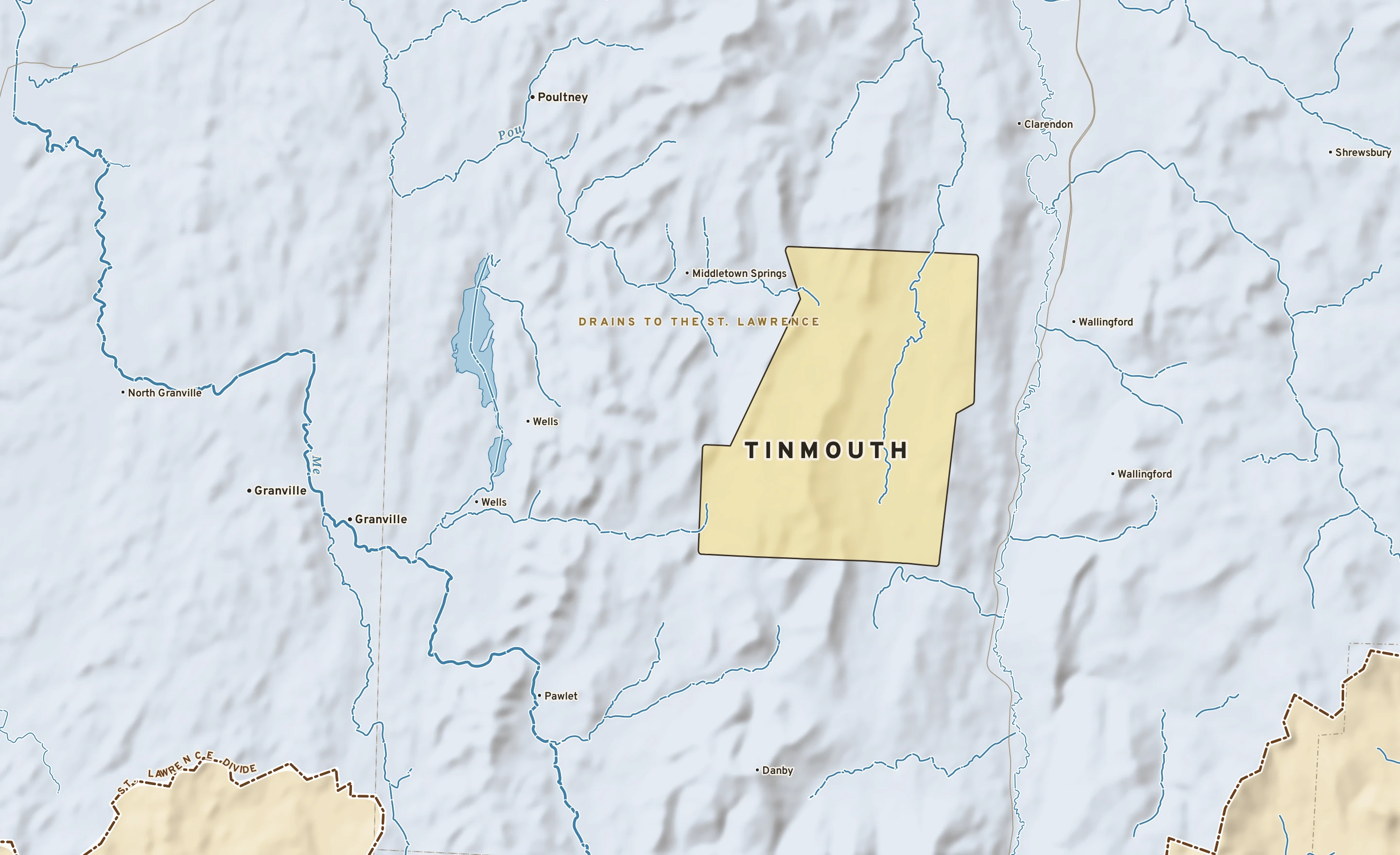 Shaded-relief atlas plate of Tinmouth, Vermont: rivers, roads, the city limits and where the water drains.