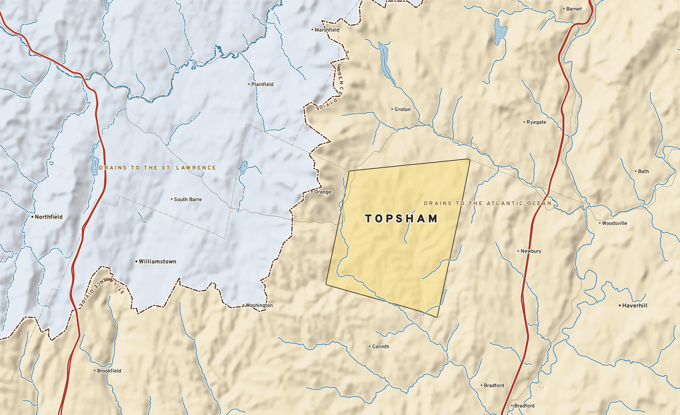 Shaded-relief atlas plate of Topsham, Vermont: rivers, roads, the city limits and where the water drains.