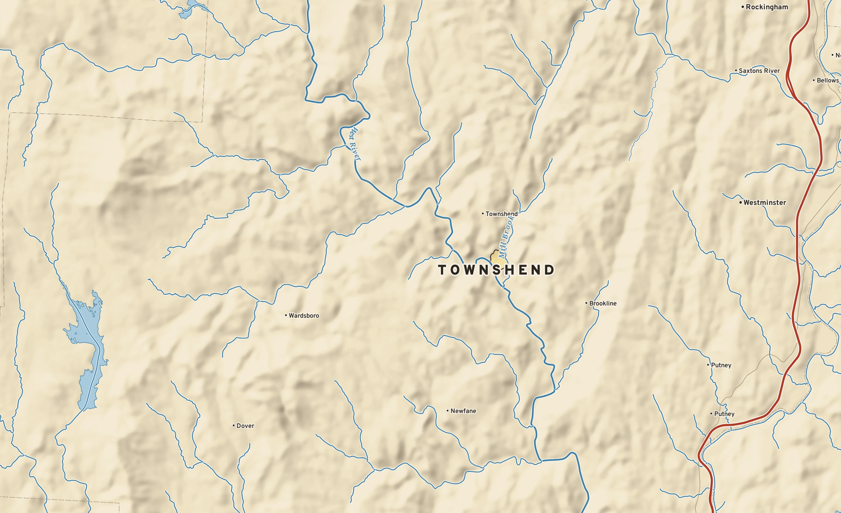 Shaded-relief atlas plate of Townshend, Vermont: rivers, roads, the city limits and where the water drains.