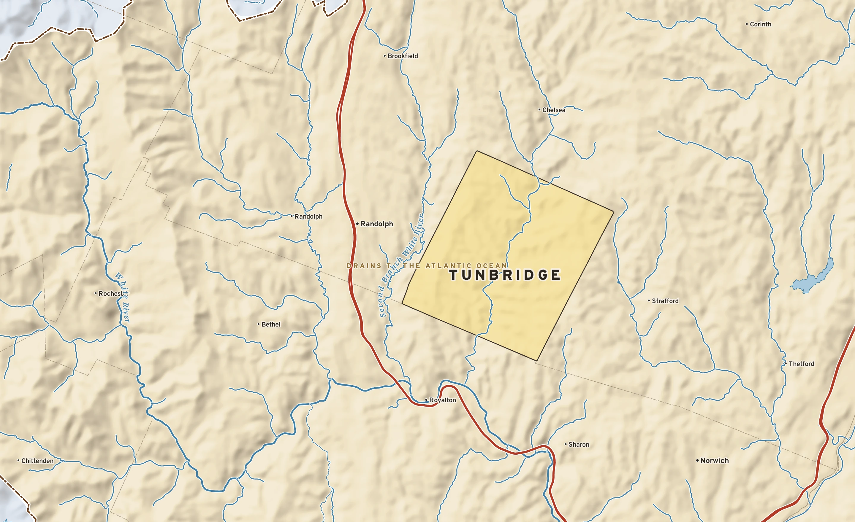 Shaded-relief atlas plate of Tunbridge, Vermont: rivers, roads, the city limits and where the water drains.