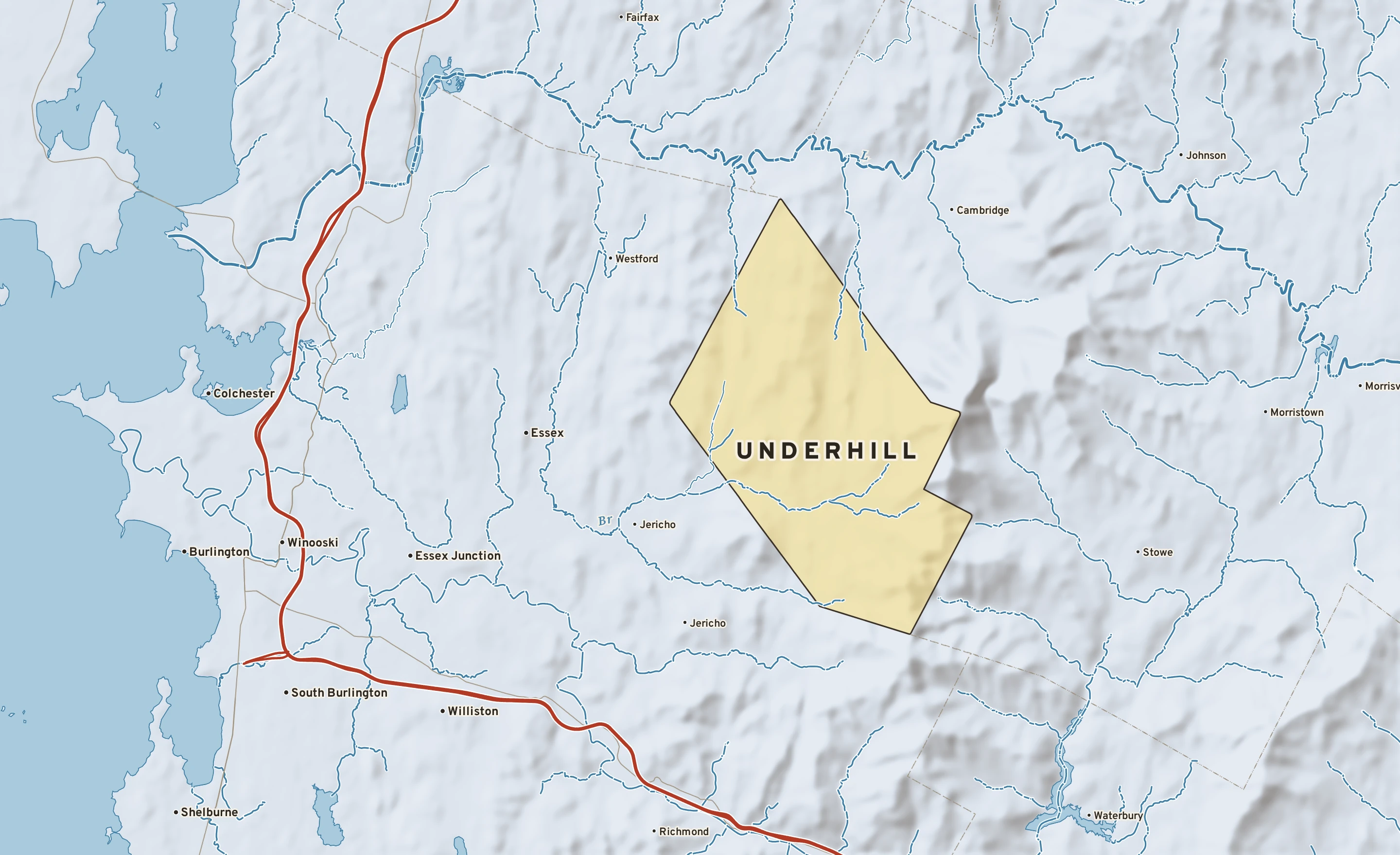 Shaded-relief atlas plate of Underhill, Vermont: rivers, roads, the city limits and where the water drains.