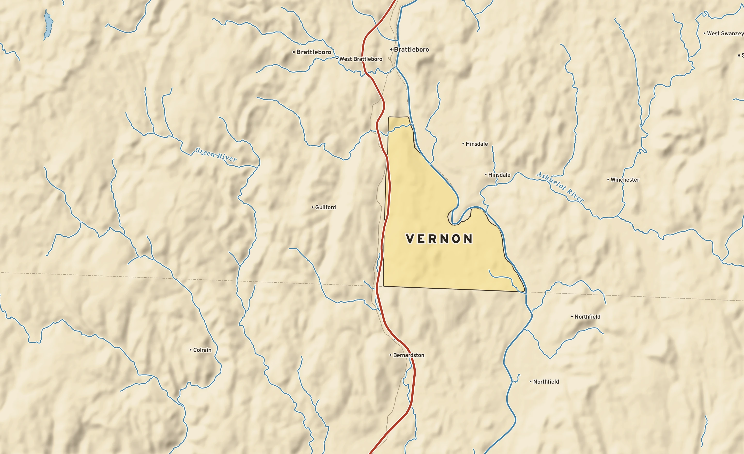 Shaded-relief atlas plate of Vernon, Vermont: rivers, roads, the city limits and where the water drains.