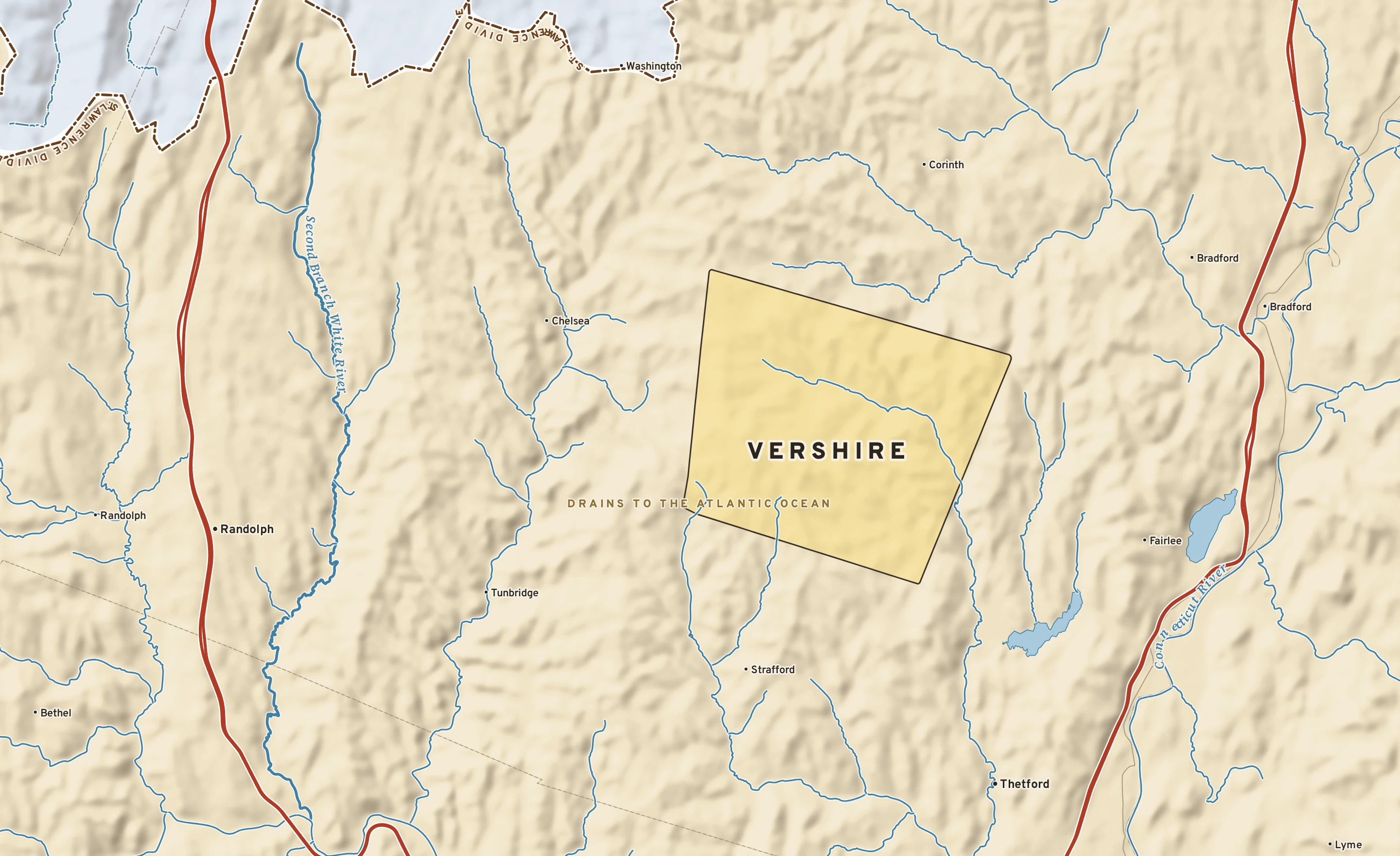 Shaded-relief atlas plate of Vershire, Vermont: rivers, roads, the city limits and where the water drains.