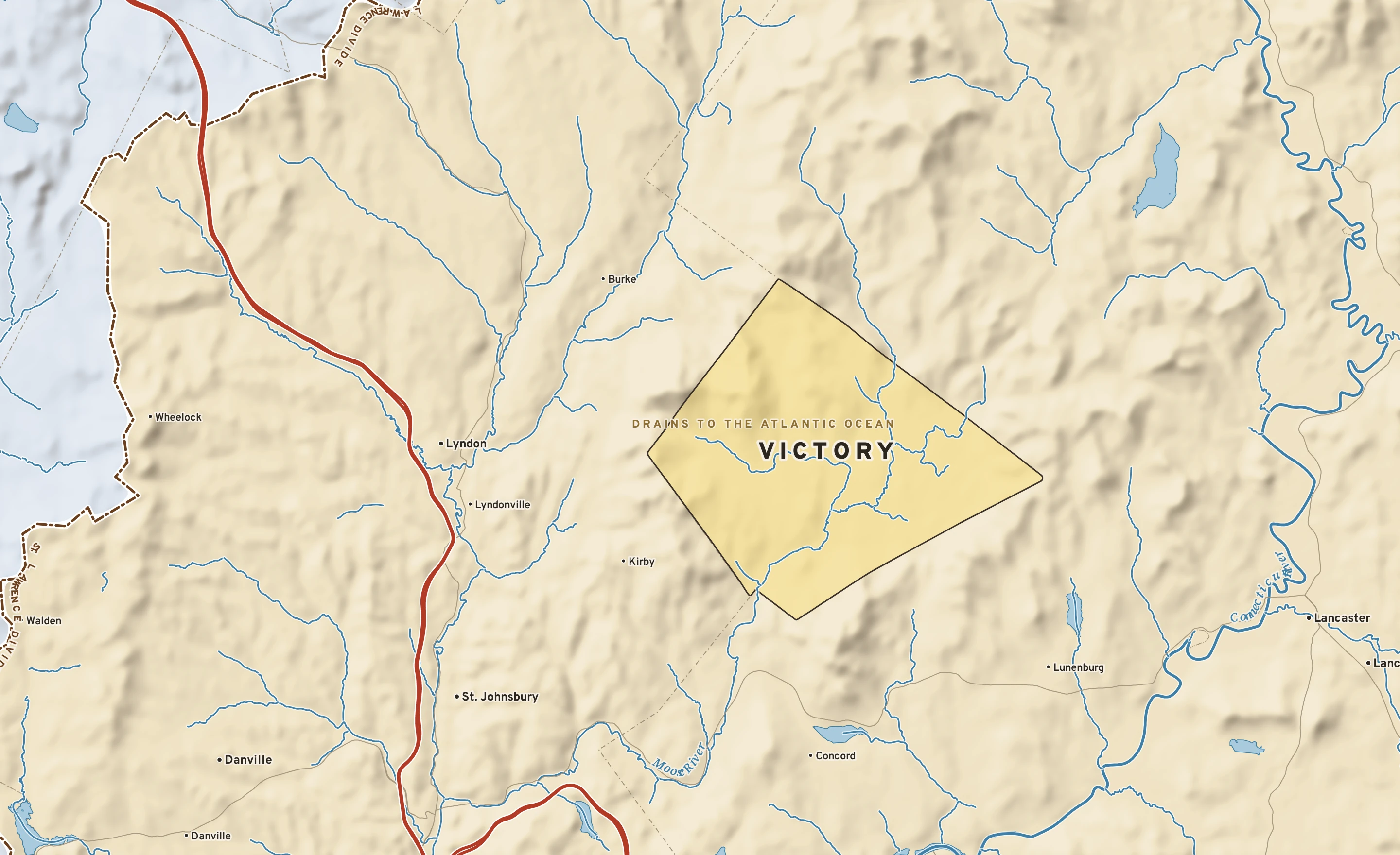 Shaded-relief atlas plate of Victory, Vermont: rivers, roads, the city limits and where the water drains.