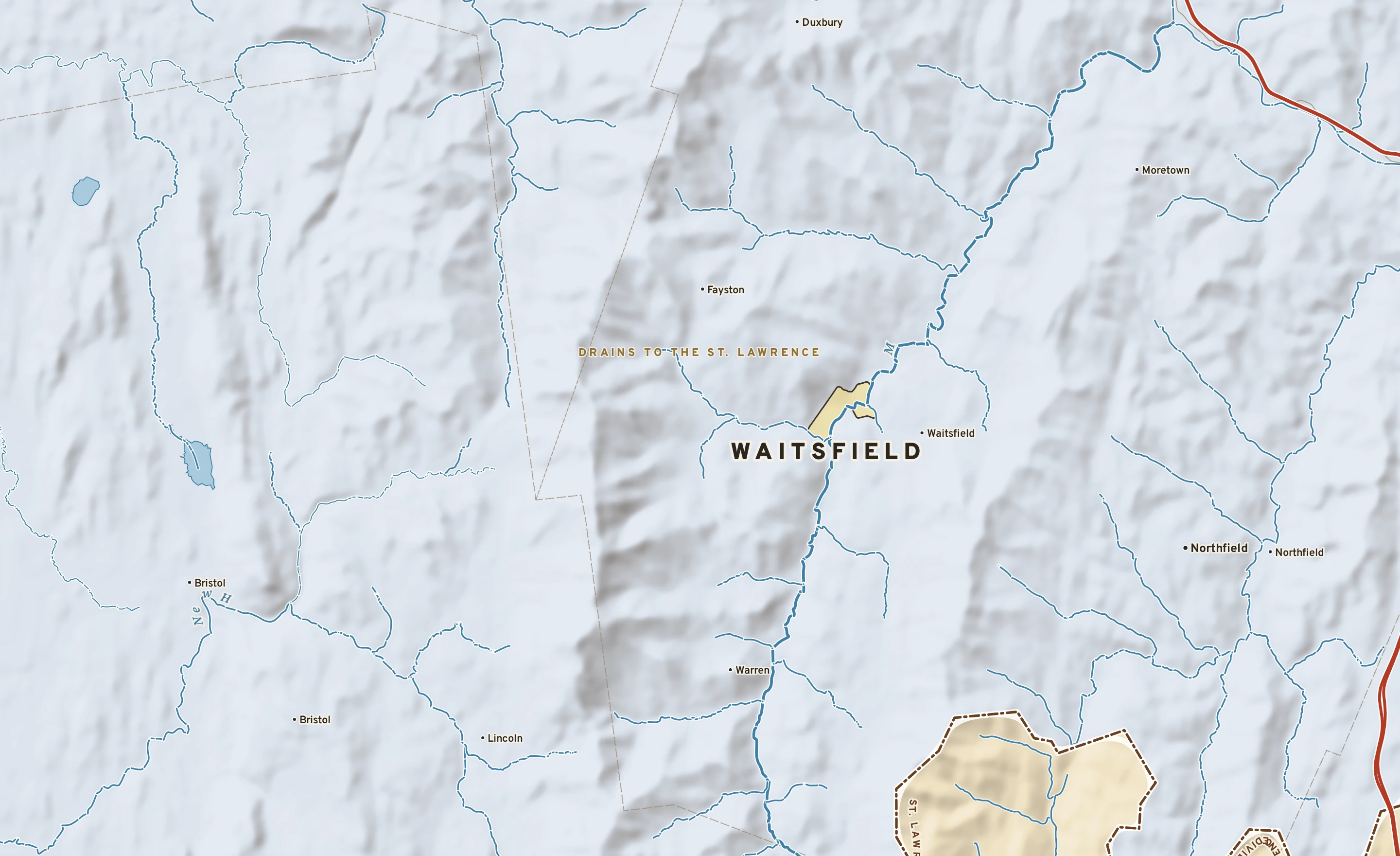 Shaded-relief atlas plate of Waitsfield, Vermont: rivers, roads, the city limits and where the water drains.