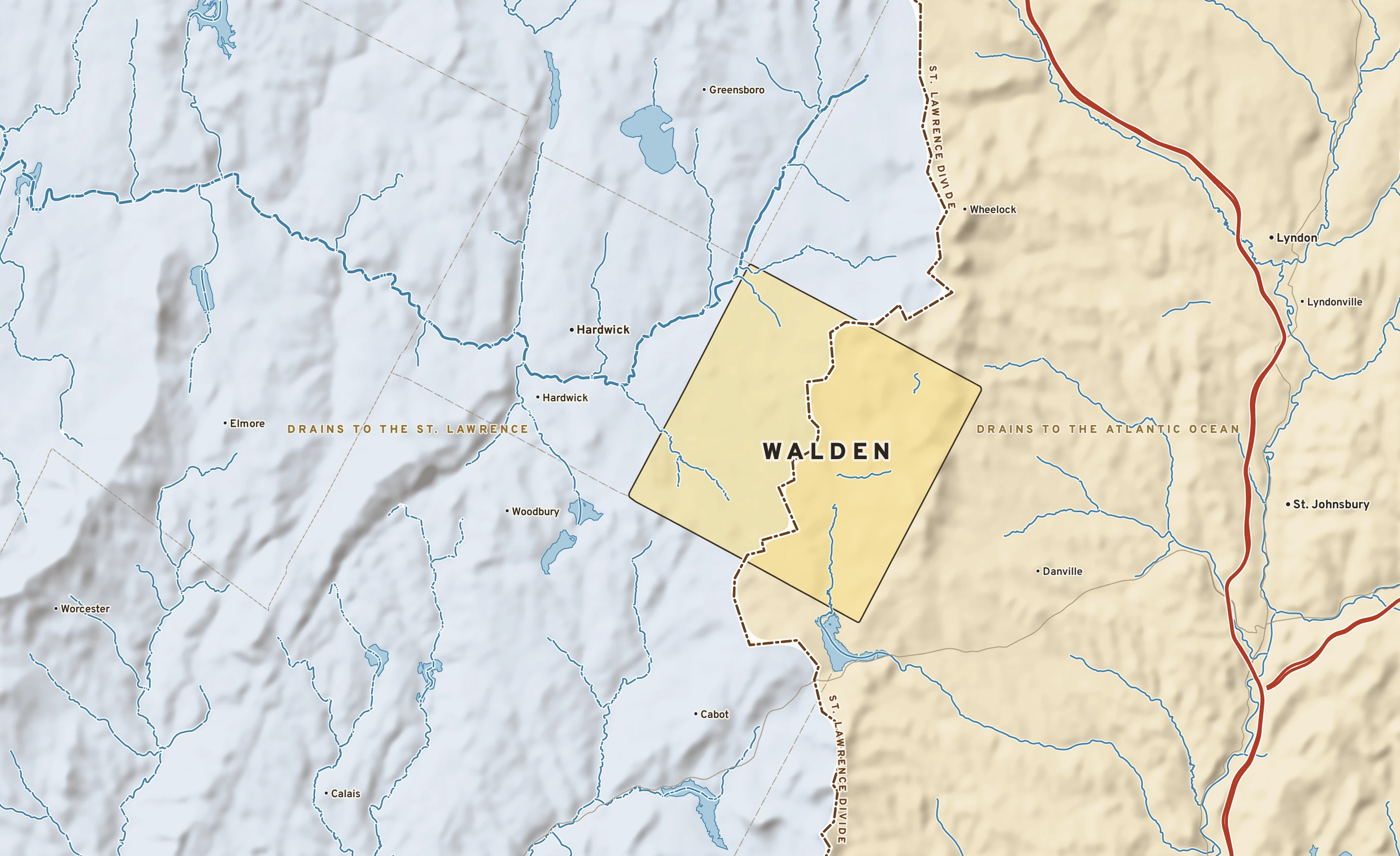 Shaded-relief atlas plate of Walden, Vermont: rivers, roads, the city limits and where the water drains.