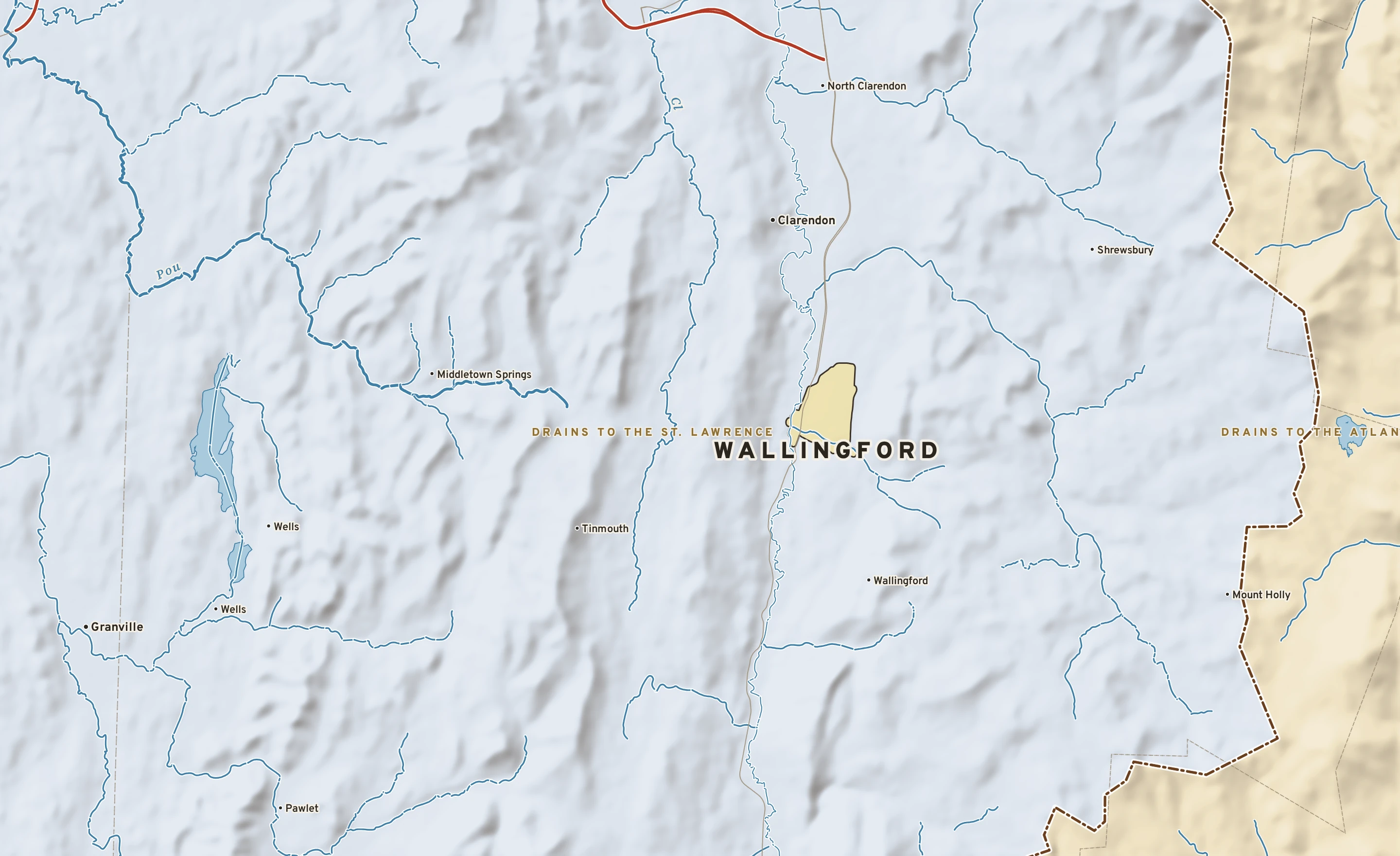 Shaded-relief atlas plate of Wallingford, Vermont: rivers, roads, the city limits and where the water drains.
