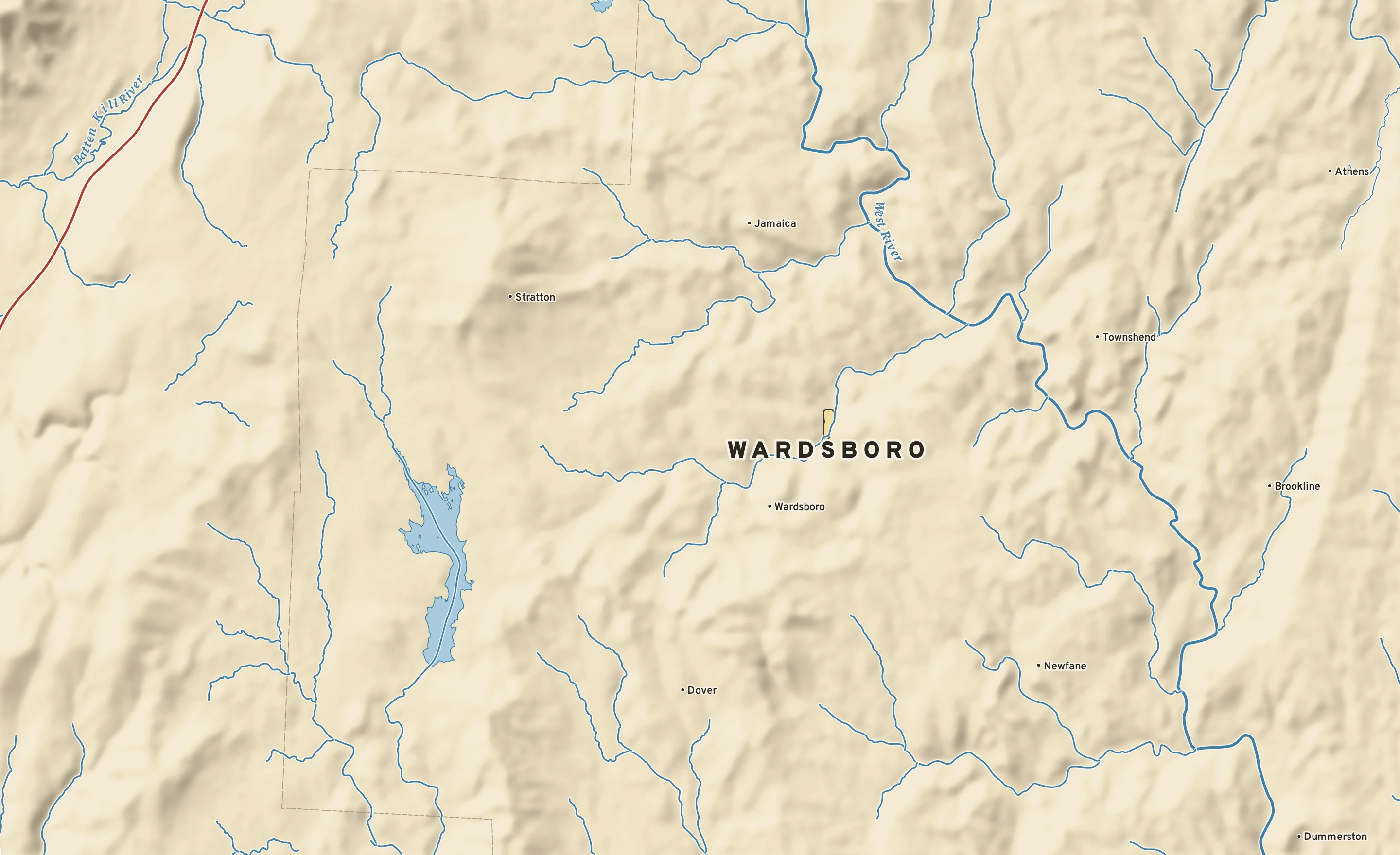 Shaded-relief atlas plate of Wardsboro, Vermont: rivers, roads, the city limits and where the water drains.