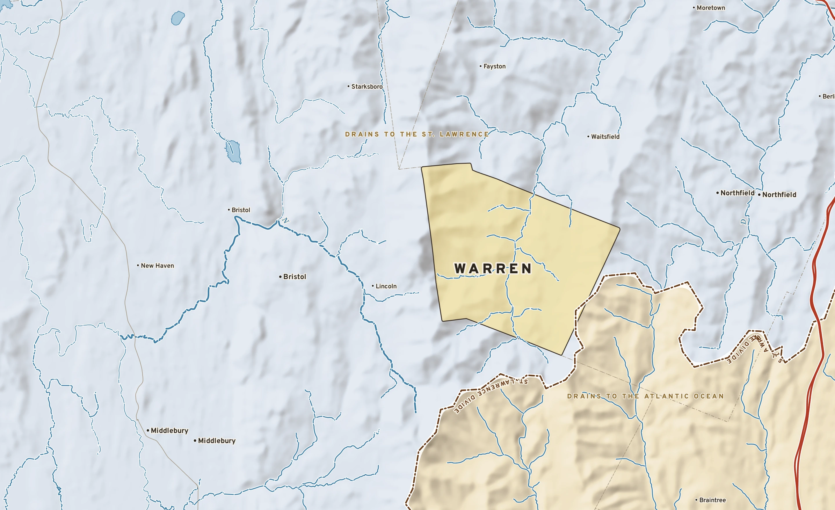 Shaded-relief atlas plate of Warren, Vermont: rivers, roads, the city limits and where the water drains.