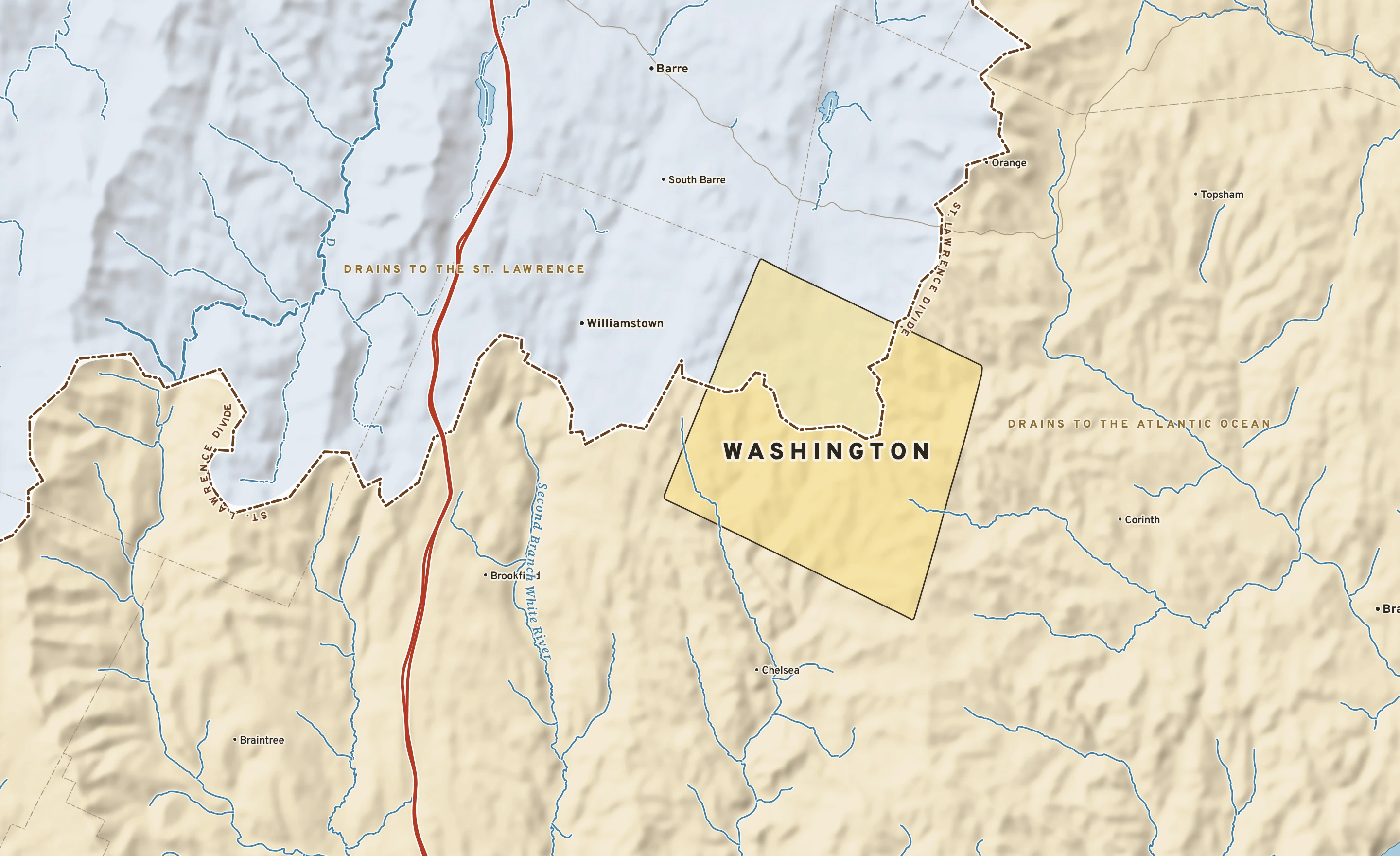 Shaded-relief atlas plate of Washington, Vermont: rivers, roads, the city limits and where the water drains.