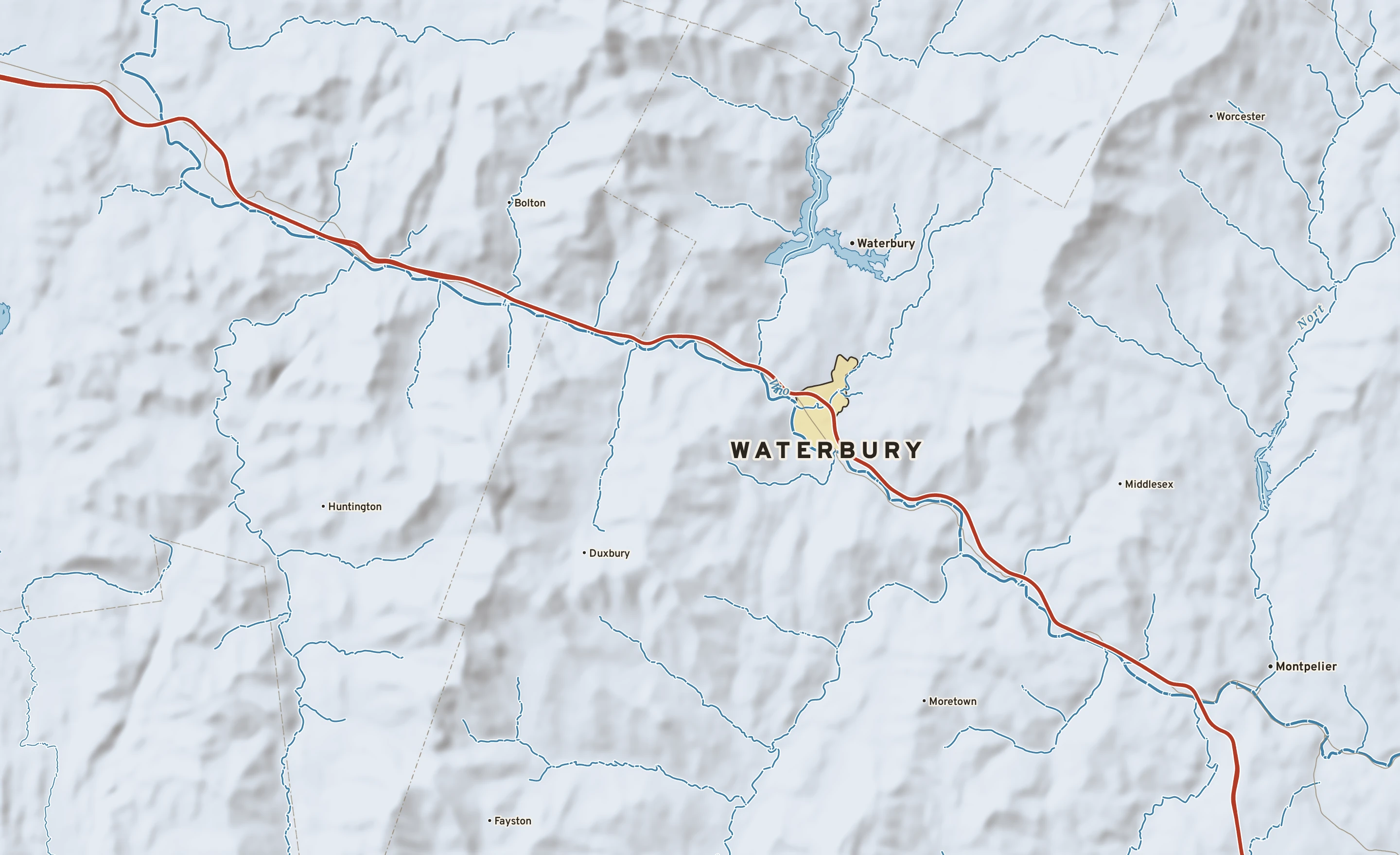 Shaded-relief atlas plate of Waterbury, Vermont: rivers, roads, the city limits and where the water drains.