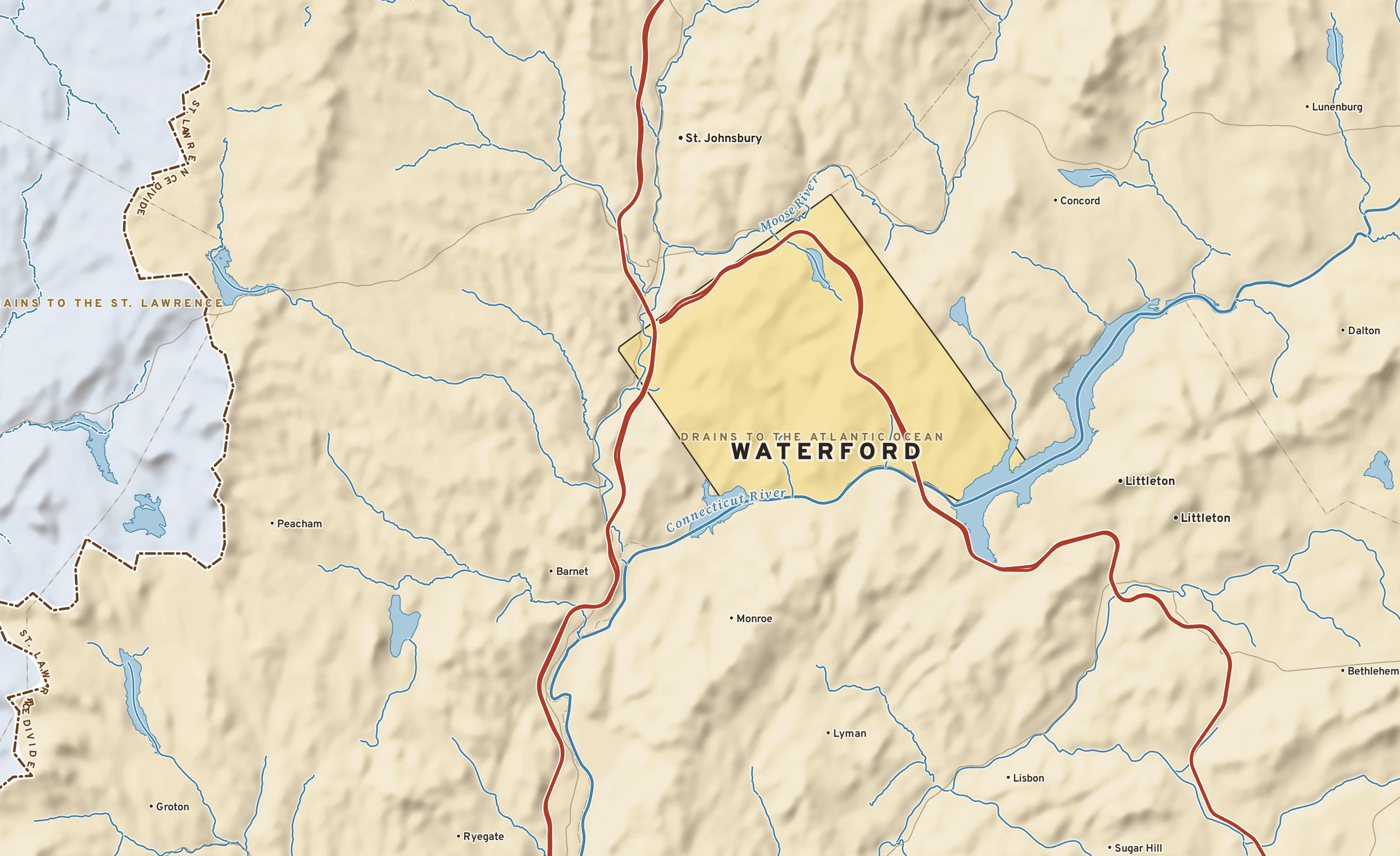 Shaded-relief atlas plate of Waterford, Vermont: rivers, roads, the city limits and where the water drains.