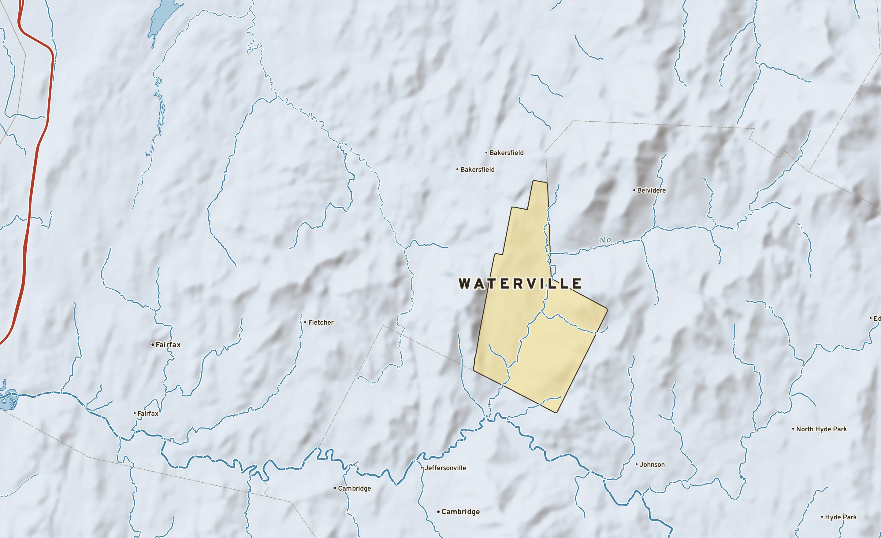 Shaded-relief atlas plate of Waterville, Vermont: rivers, roads, the city limits and where the water drains.