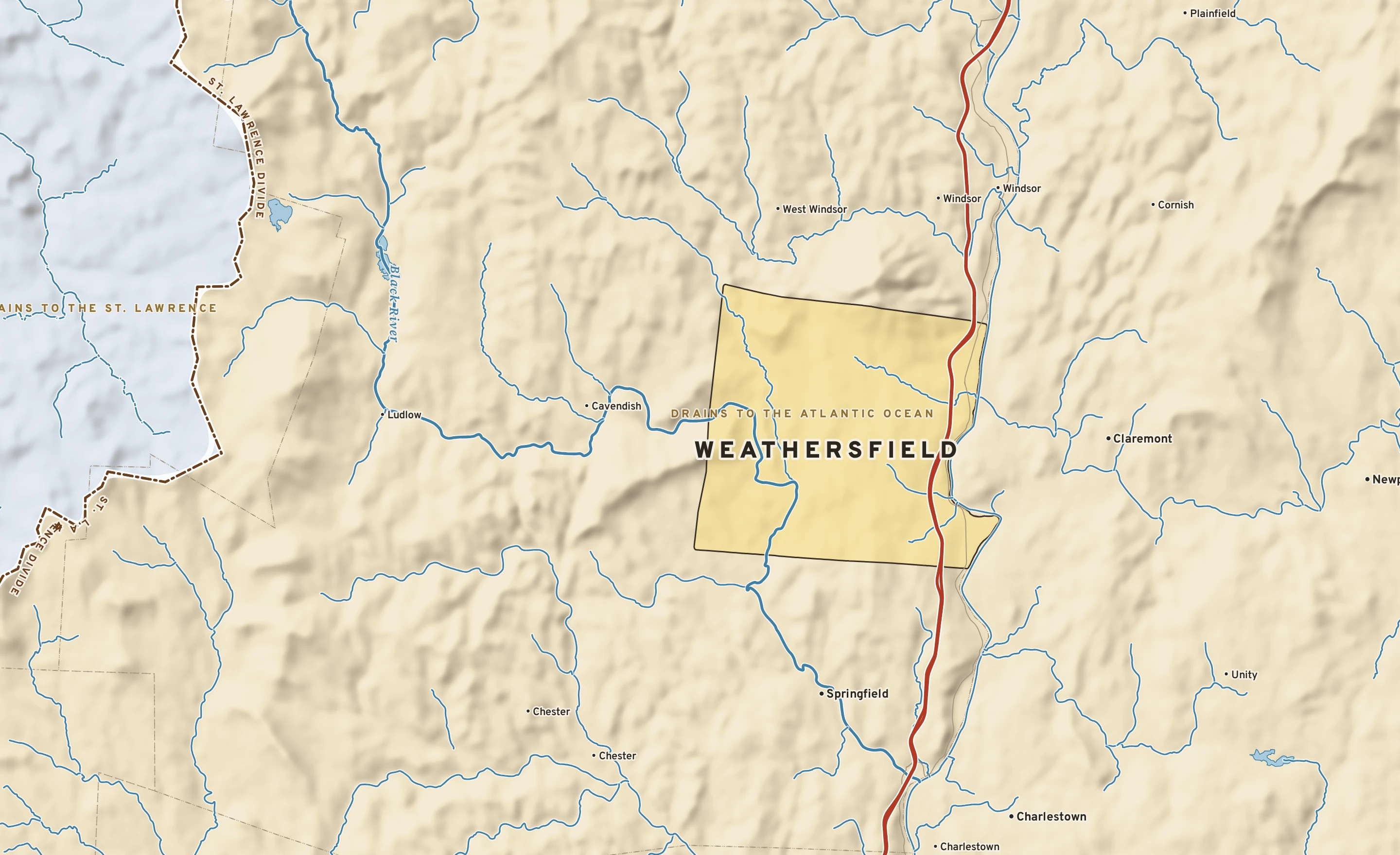 Shaded-relief atlas plate of Weathersfield, Vermont: rivers, roads, the city limits and where the water drains.