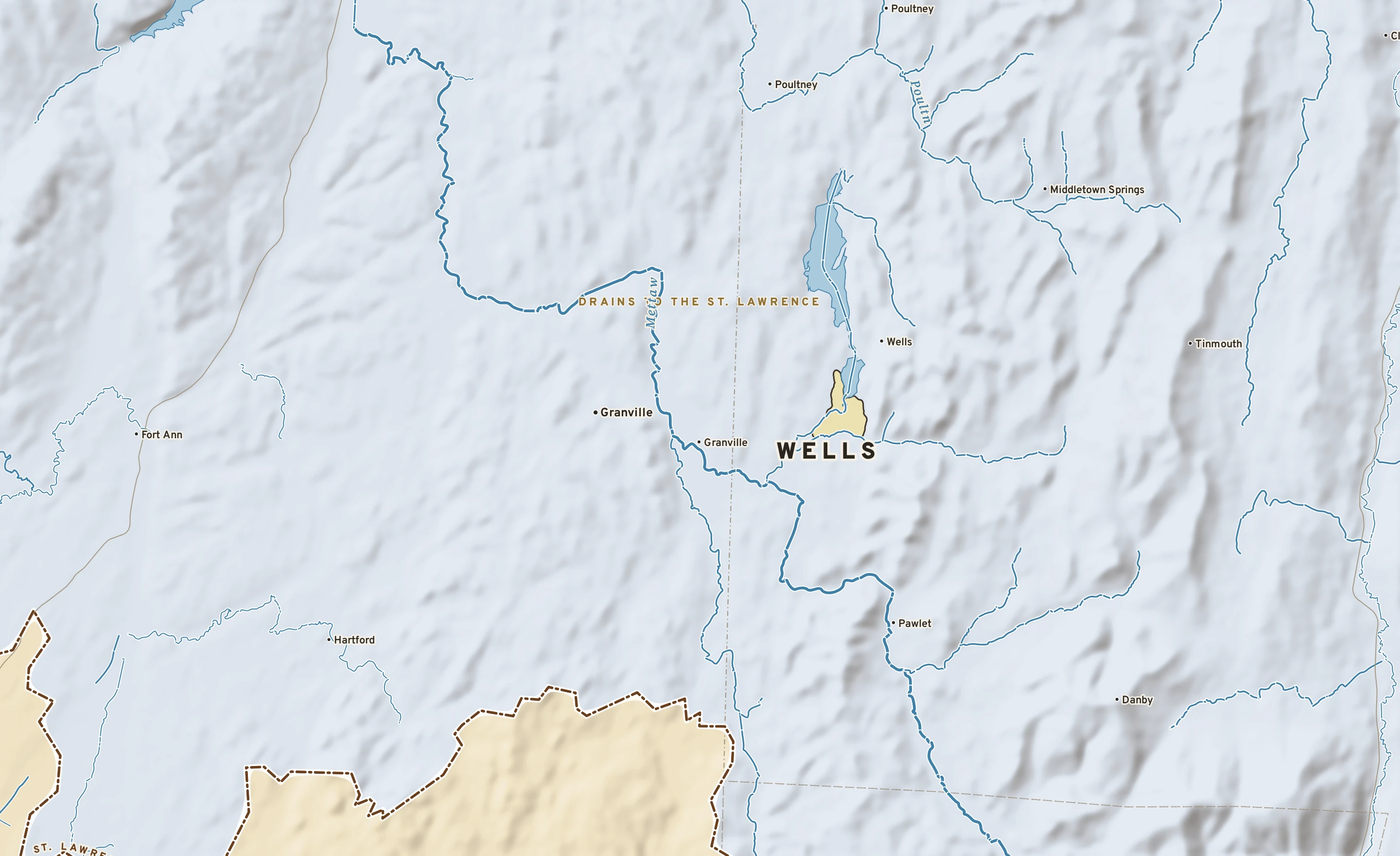 Shaded-relief atlas plate of Wells, Vermont: rivers, roads, the city limits and where the water drains.