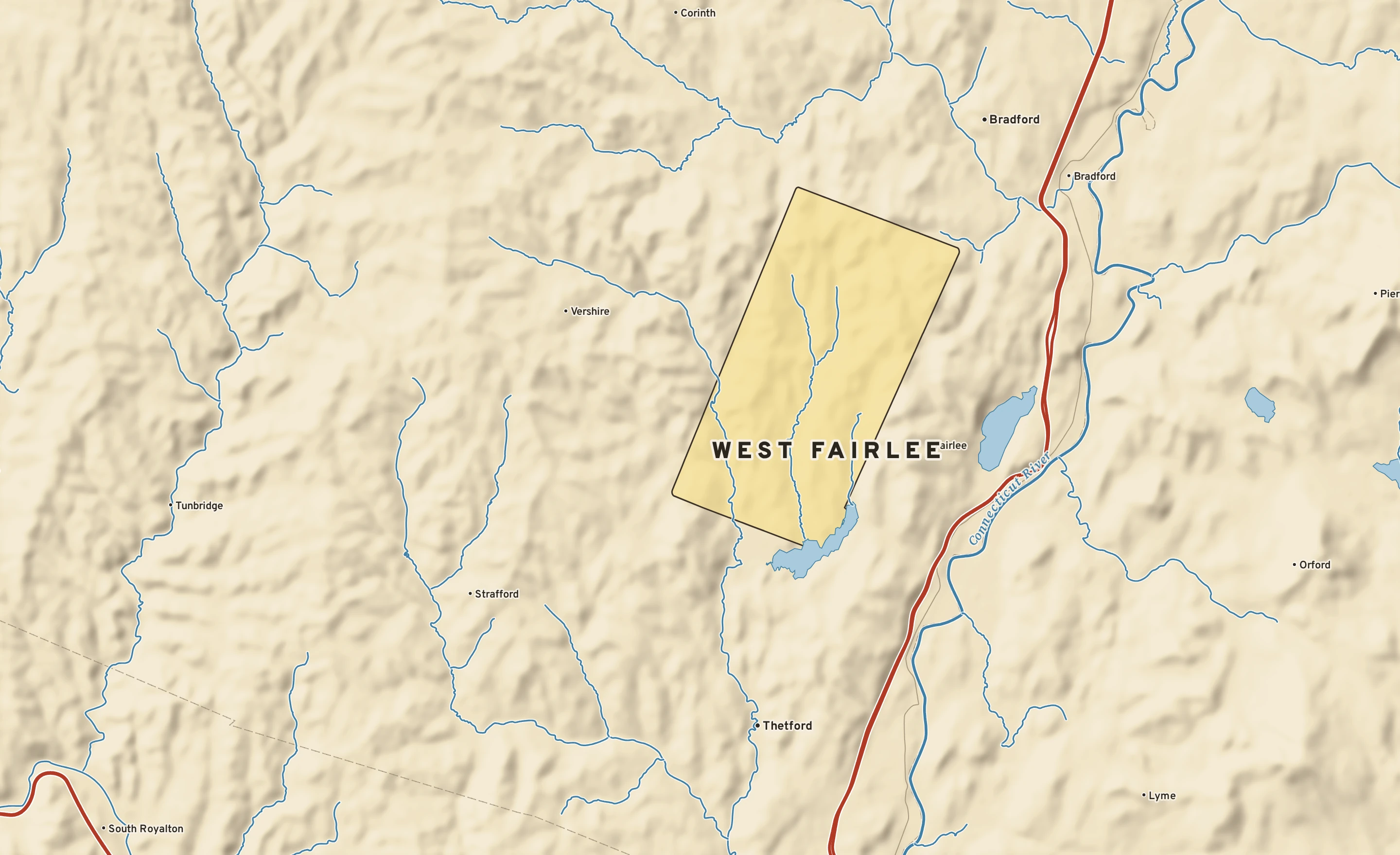 Shaded-relief atlas plate of West Fairlee, Vermont: rivers, roads, the city limits and where the water drains.