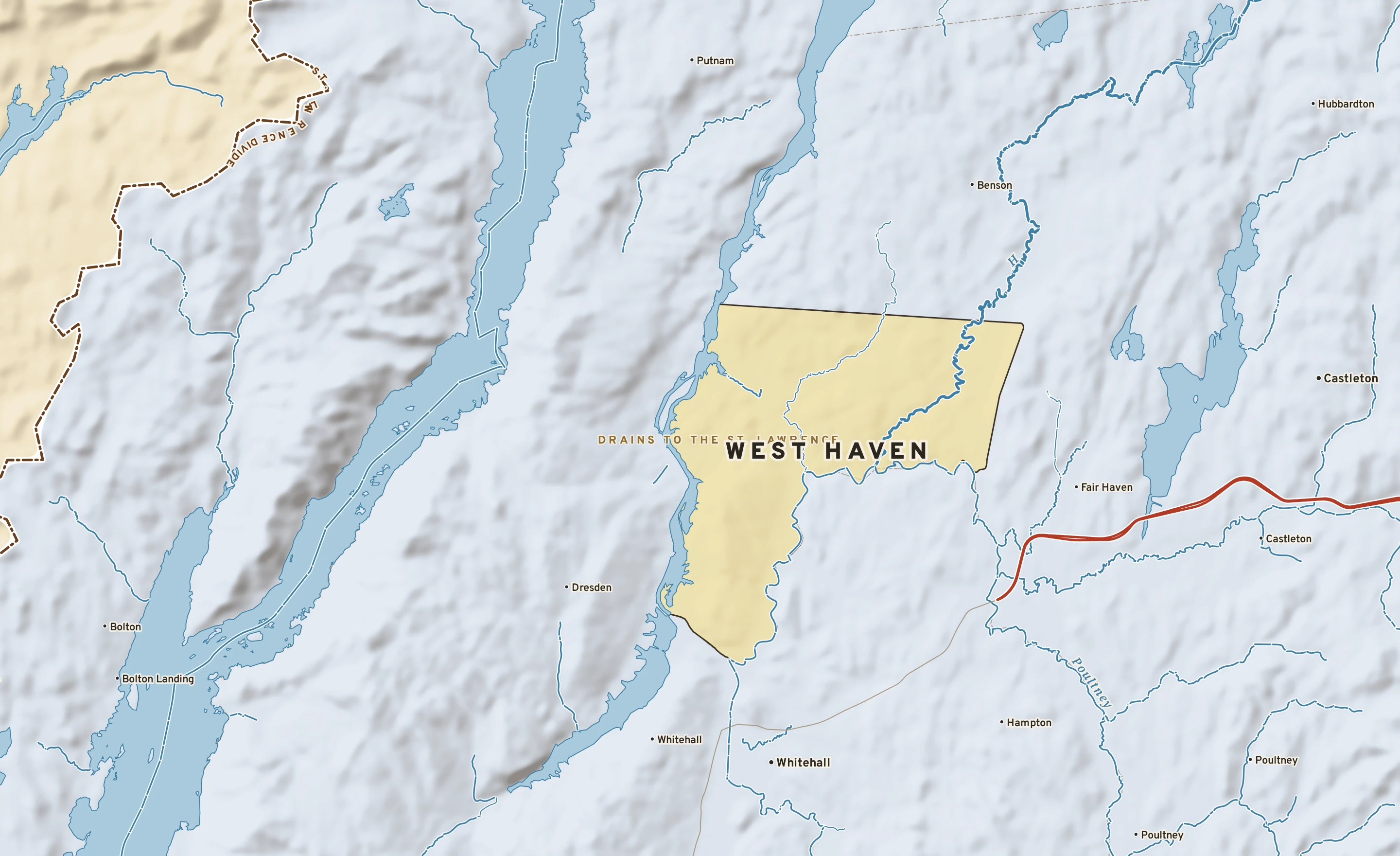 Shaded-relief atlas plate of West Haven, Vermont: rivers, roads, the city limits and where the water drains.