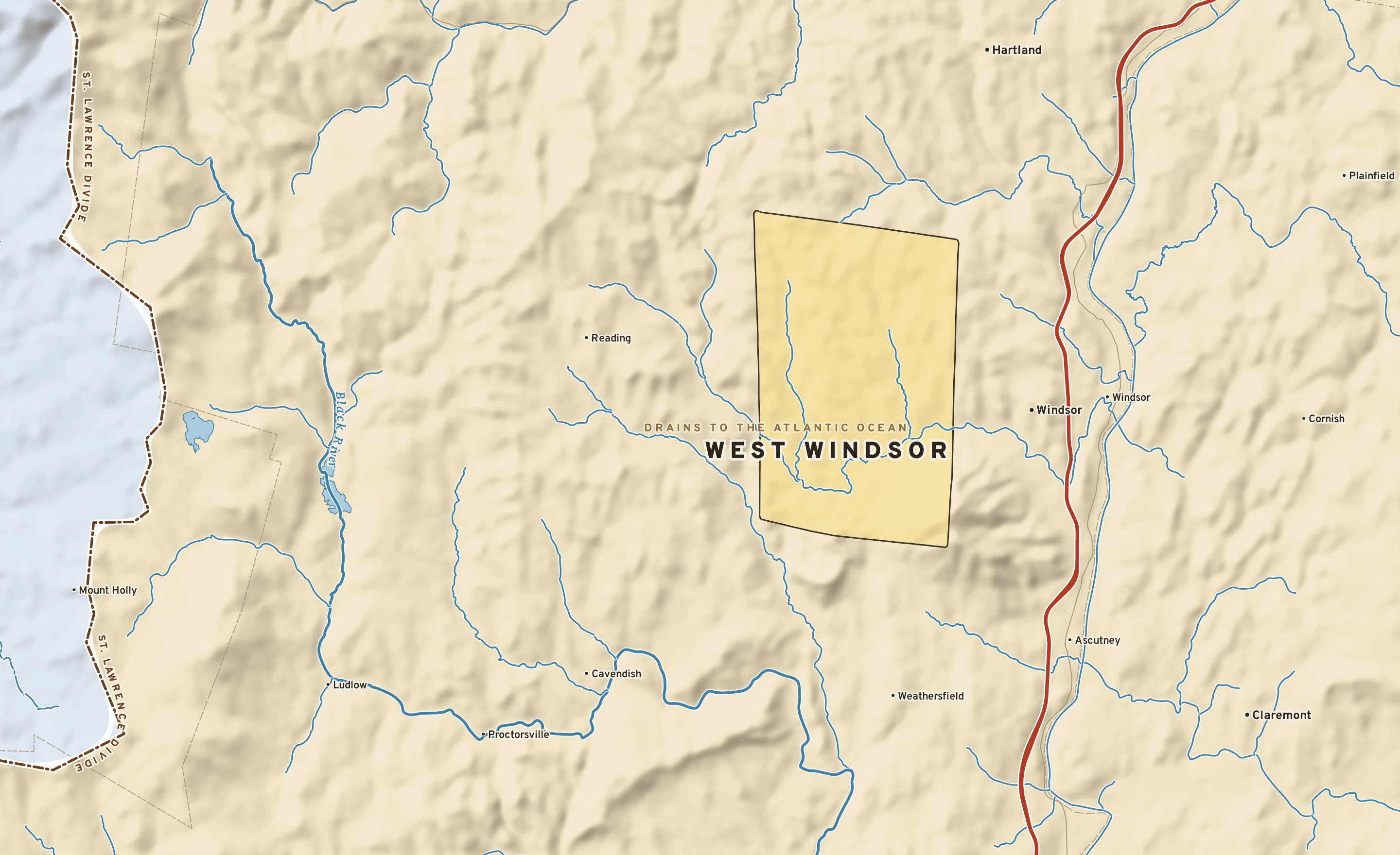 Shaded-relief atlas plate of West Windsor, Vermont: rivers, roads, the city limits and where the water drains.